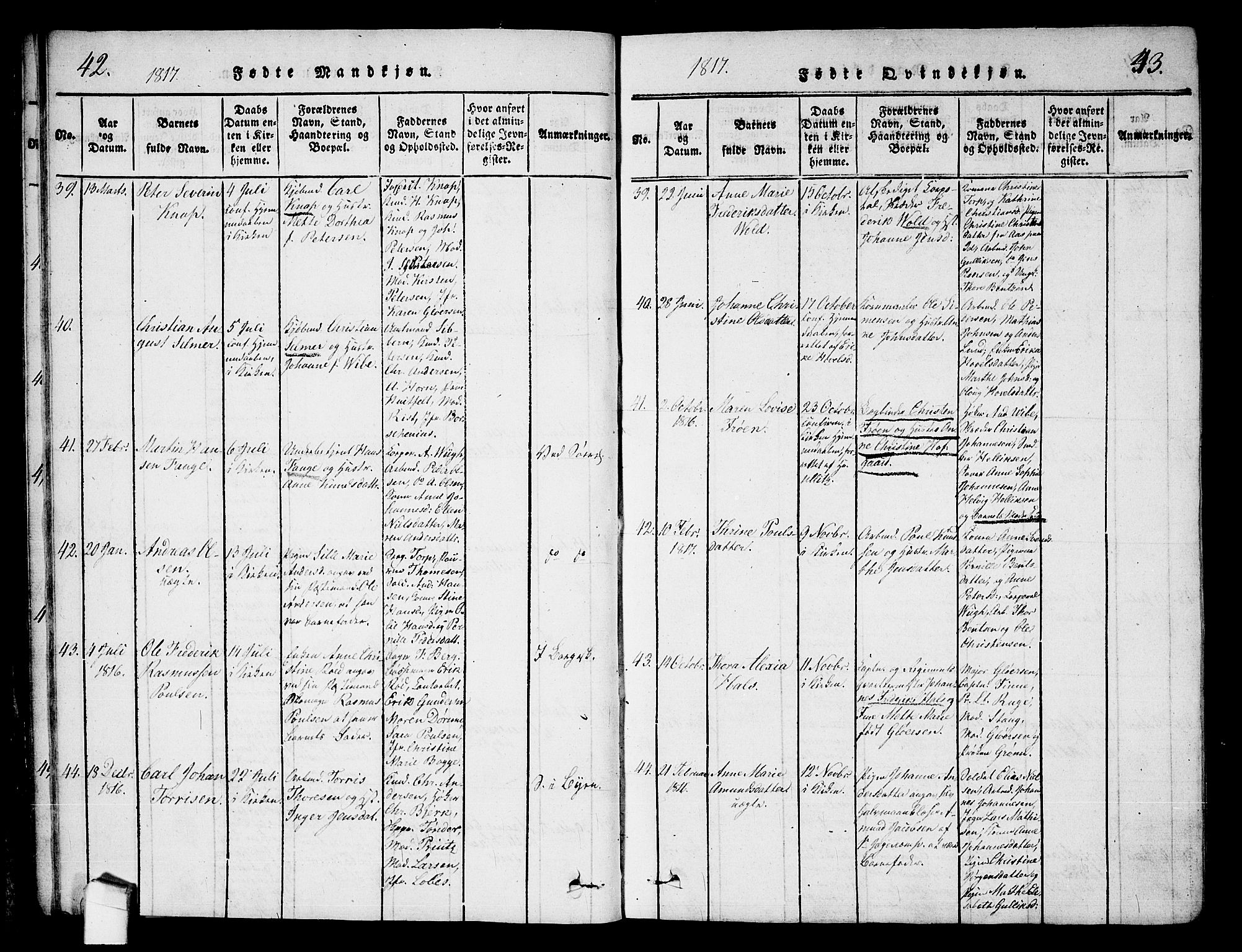 Halden prestekontor Kirkebøker, SAO/A-10909/G/Ga/L0001: Parish register (copy) no. 1, 1815-1833, p. 42-43