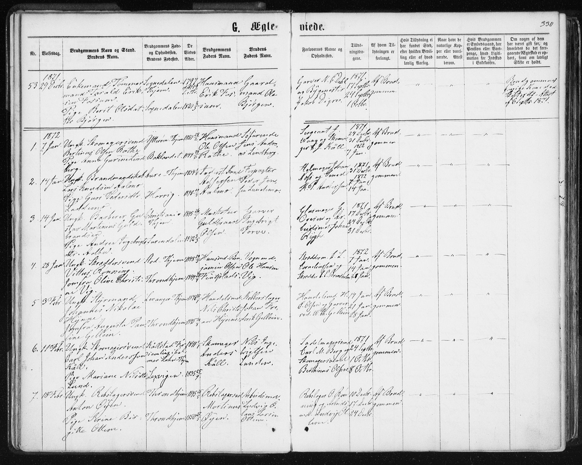 Ministerialprotokoller, klokkerbøker og fødselsregistre - Sør-Trøndelag, SAT/A-1456/601/L0055: Parish register (official) no. 601A23, 1866-1877, p. 330