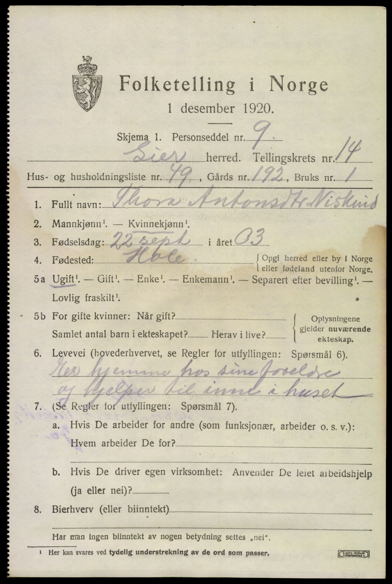 SAKO, 1920 census for Lier, 1920, p. 22598