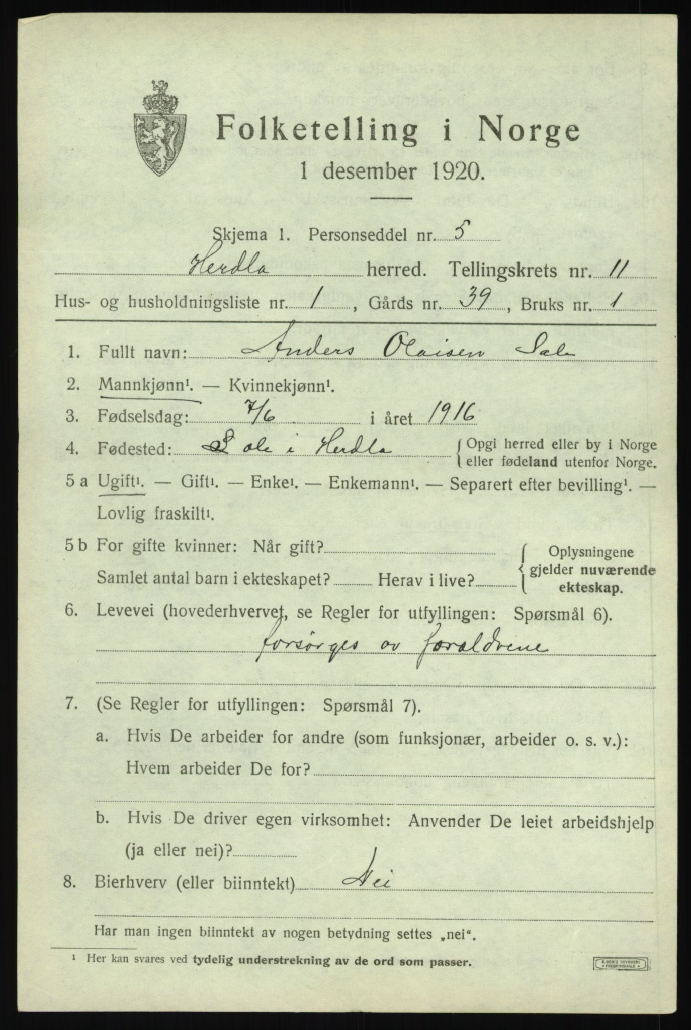 SAB, 1920 census for Herdla, 1920, p. 7535