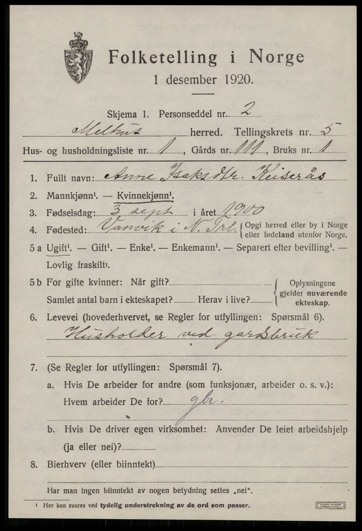 SAT, 1920 census for Melhus, 1920, p. 4951
