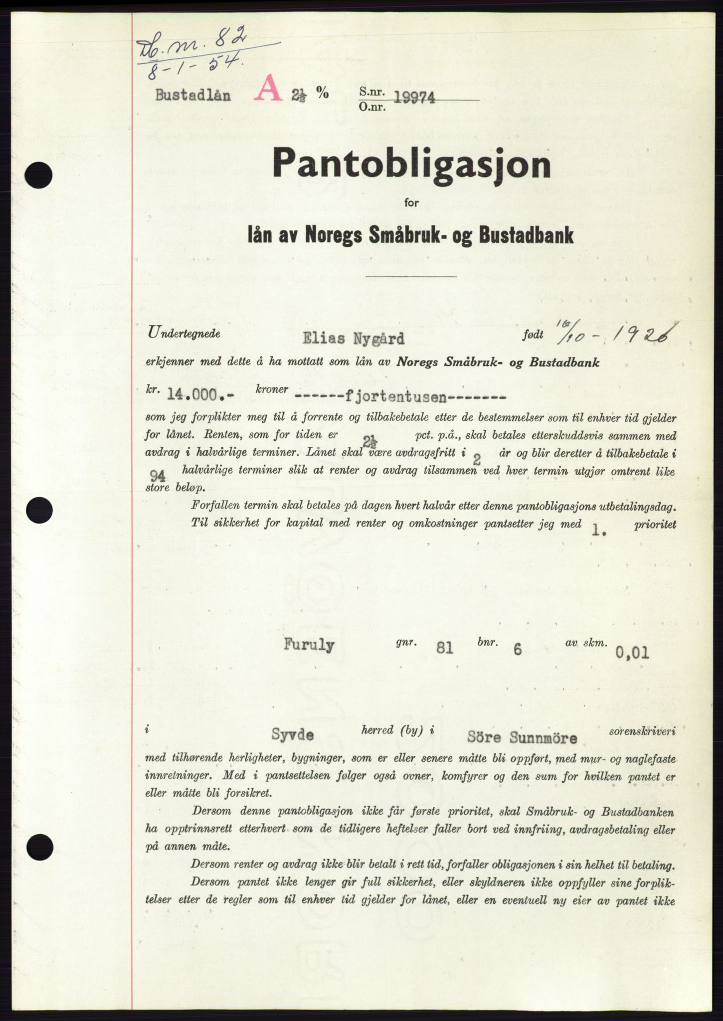 Søre Sunnmøre sorenskriveri, AV/SAT-A-4122/1/2/2C/L0124: Mortgage book no. 12B, 1953-1954, Diary no: : 82/1954