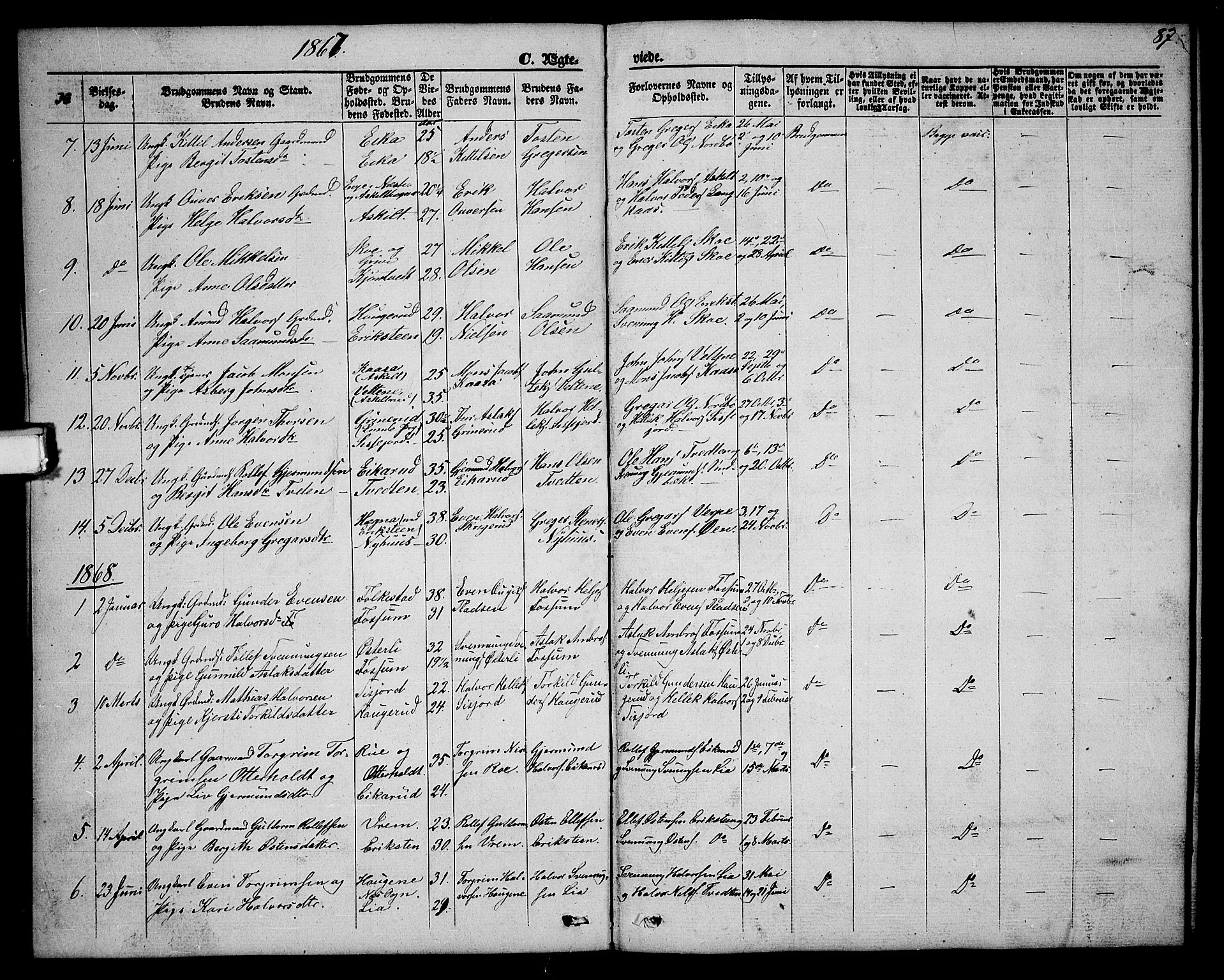 Bø kirkebøker, AV/SAKO-A-257/G/Ga/L0003: Parish register (copy) no. 3, 1866-1875, p. 87