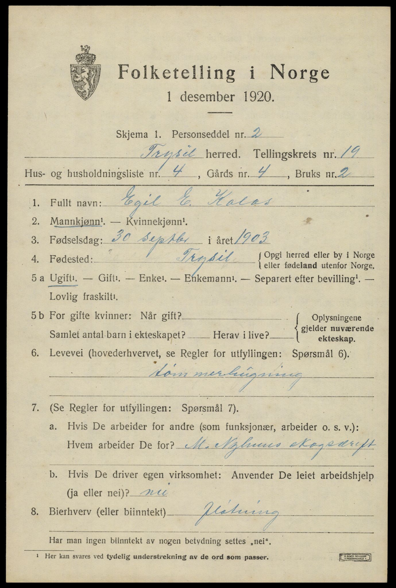 SAH, 1920 census for Trysil, 1920, p. 12745
