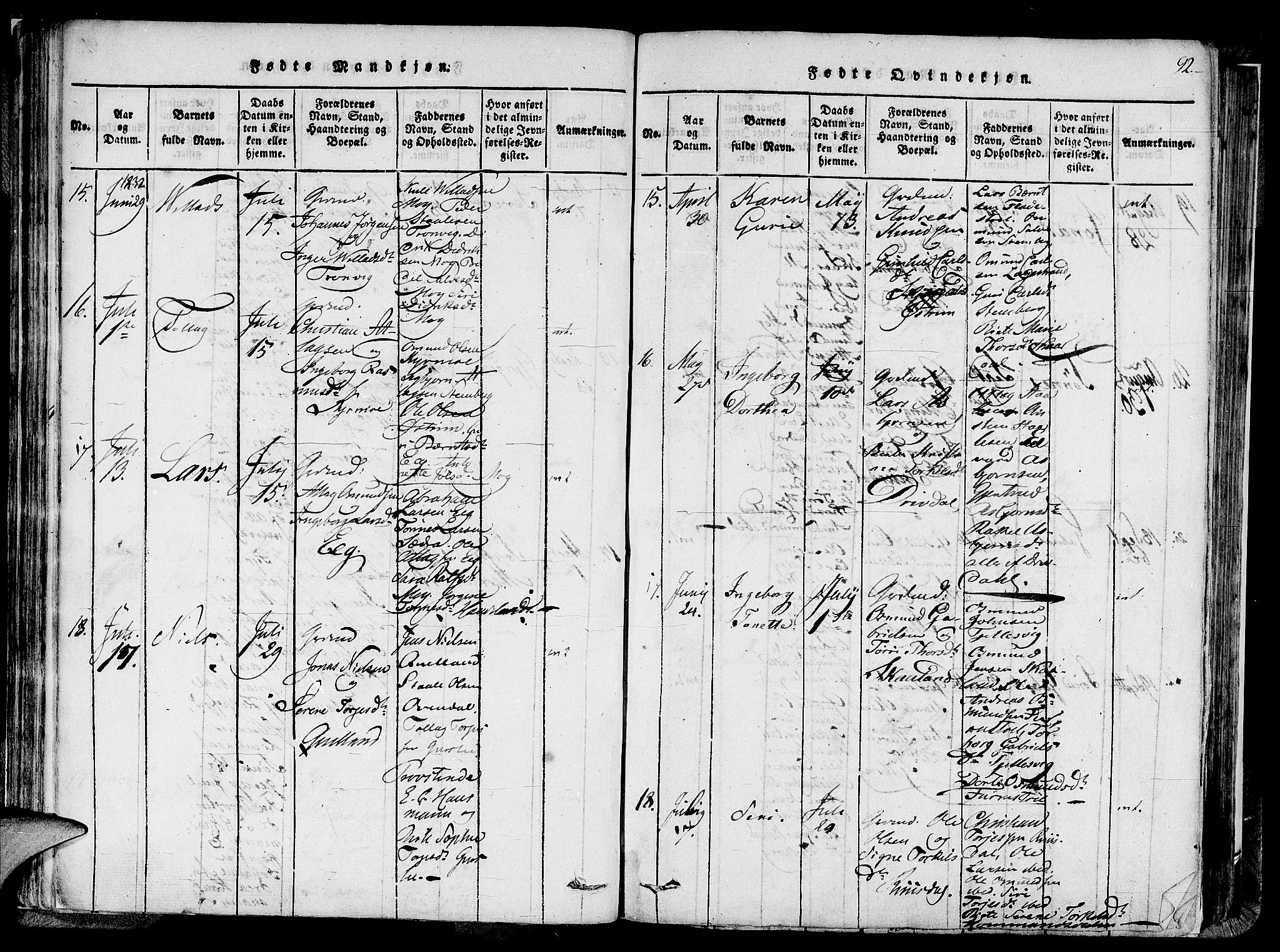Lund sokneprestkontor, SAST/A-101809/S06/L0005: Parish register (official) no. A 5, 1815-1833, p. 92
