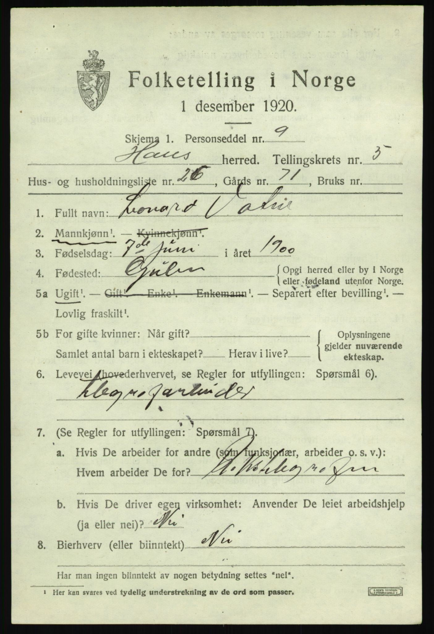 SAB, 1920 census for Haus, 1920, p. 3787