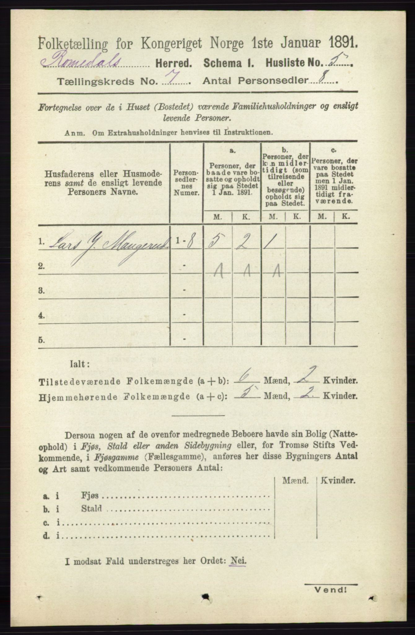 RA, 1891 census for 0416 Romedal, 1891, p. 3485