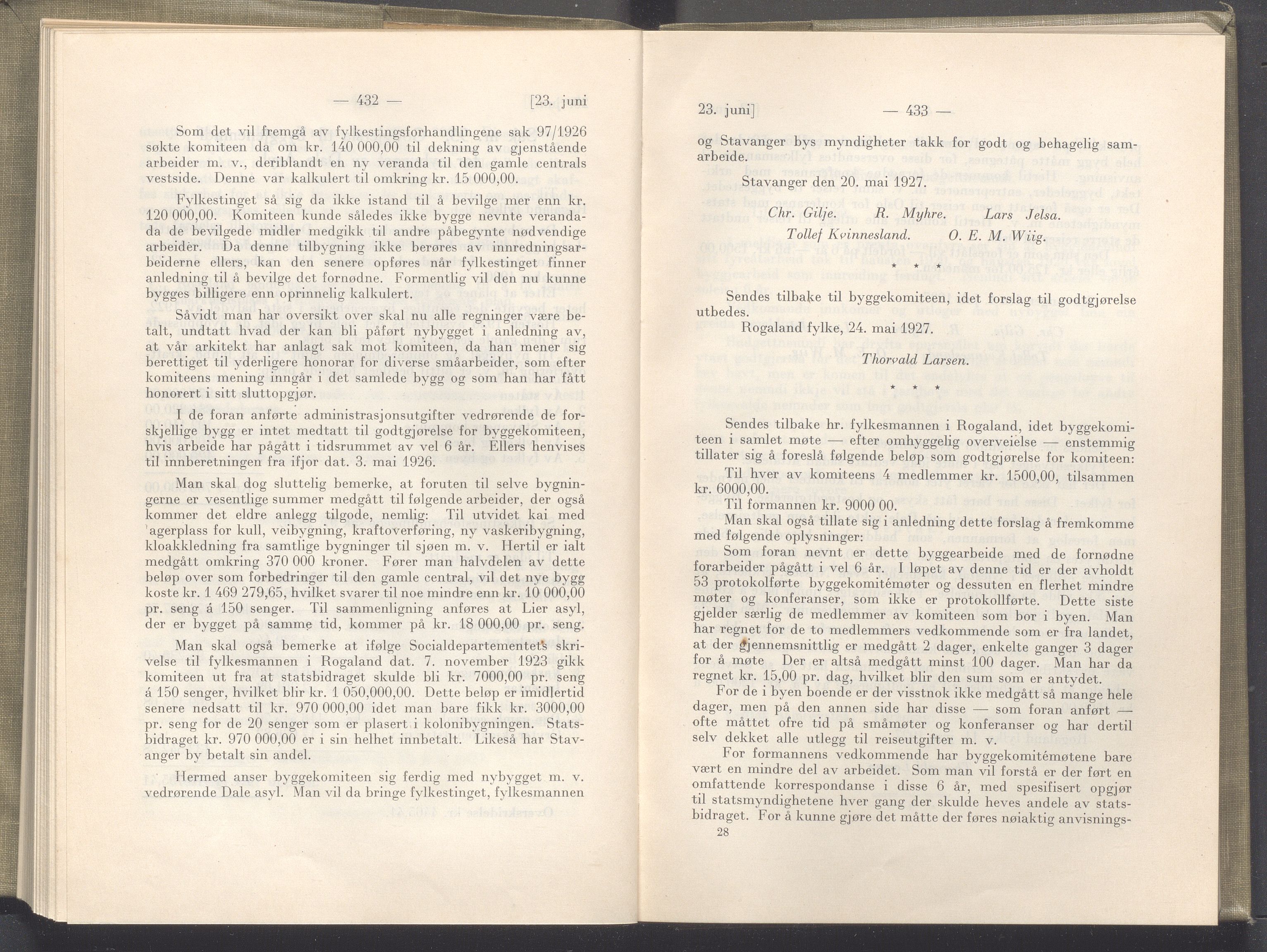 Rogaland fylkeskommune - Fylkesrådmannen , IKAR/A-900/A/Aa/Aaa/L0046: Møtebok , 1927, p. 432-433