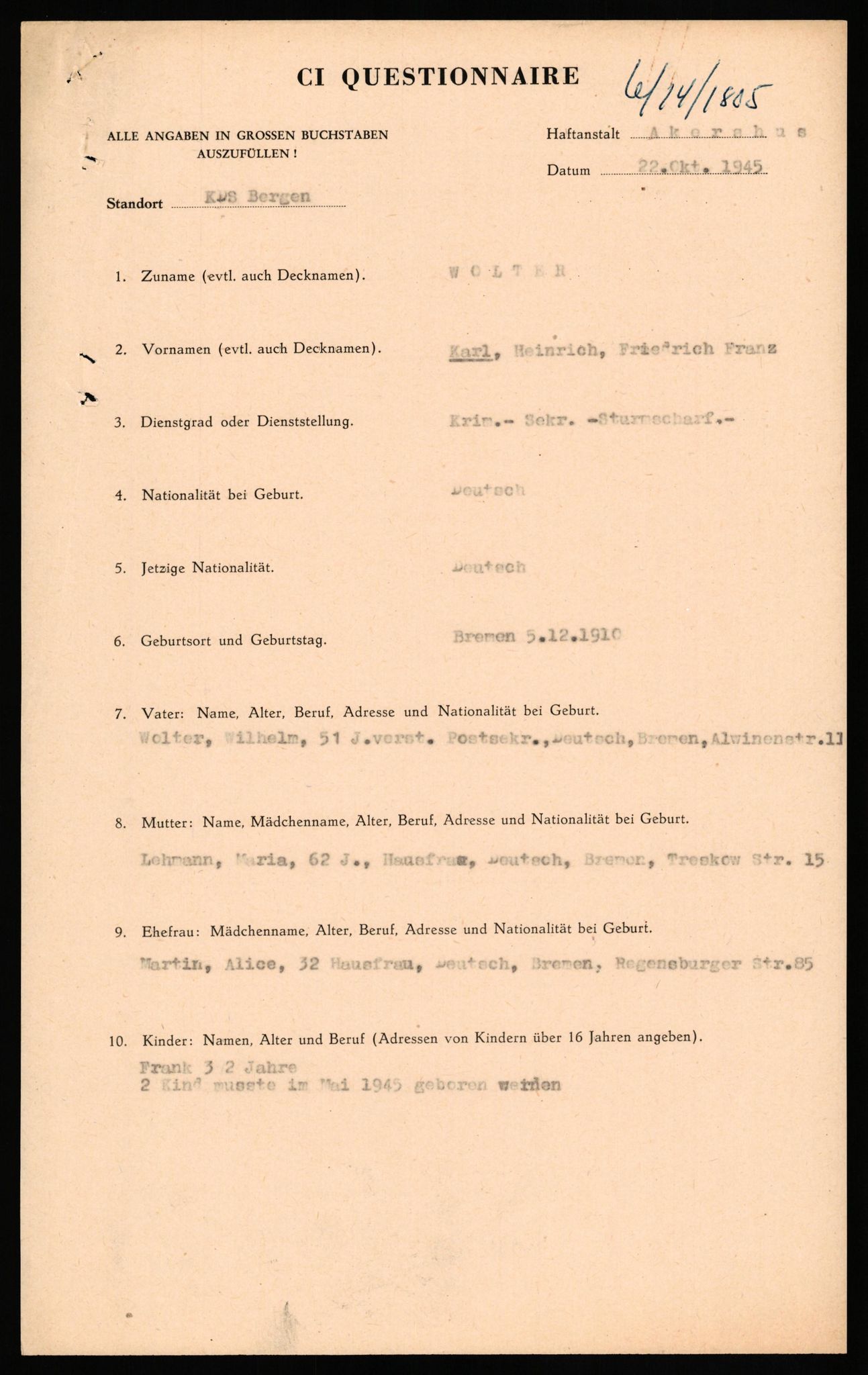 Forsvaret, Forsvarets overkommando II, AV/RA-RAFA-3915/D/Db/L0036: CI Questionaires. Tyske okkupasjonsstyrker i Norge. Tyskere., 1945-1946, p. 461