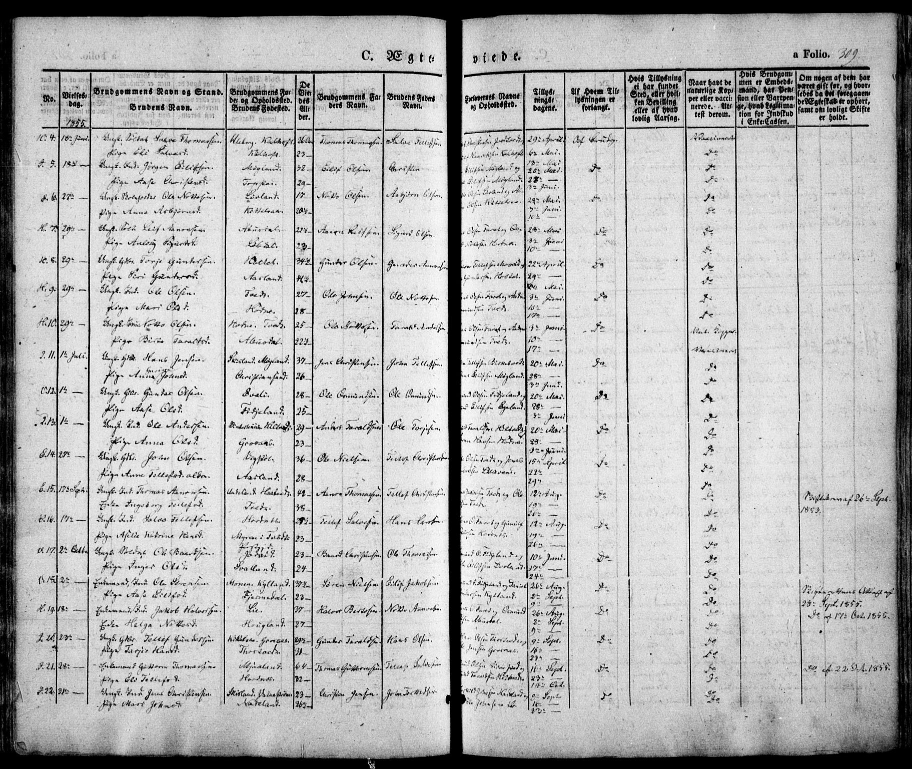 Evje sokneprestkontor, SAK/1111-0008/F/Fa/Faa/L0005: Parish register (official) no. A 5, 1843-1865, p. 309