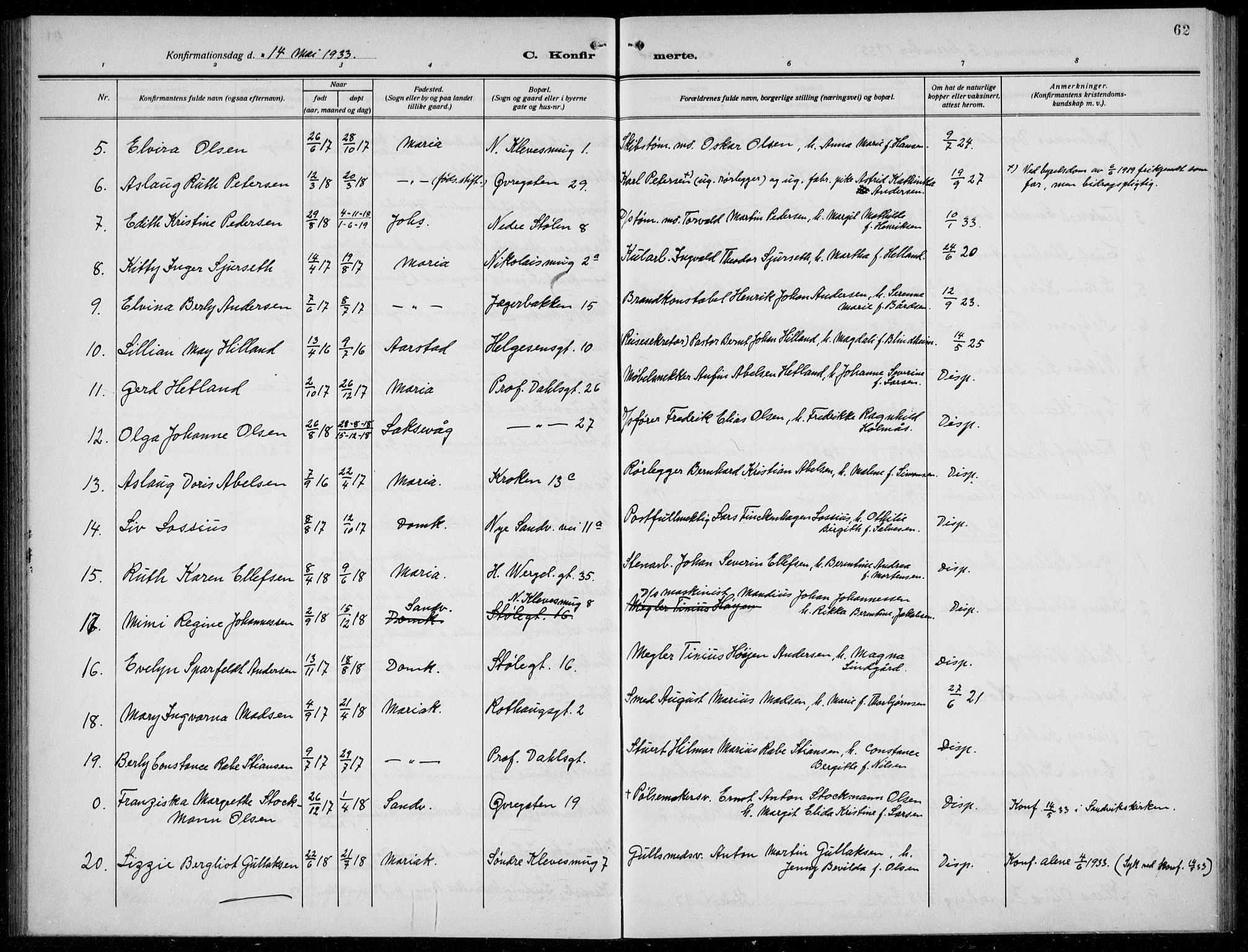 Mariakirken Sokneprestembete, AV/SAB-A-76901/H/Hab/L0010: Parish register (copy) no. A 10, 1920-1937, p. 62