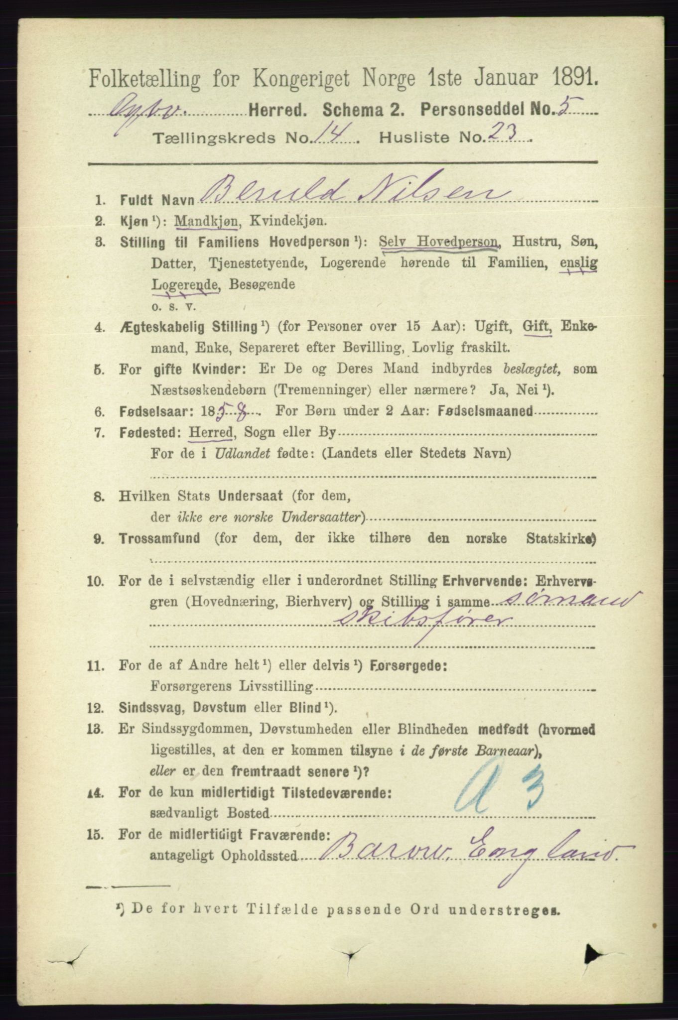 RA, 1891 census for 0915 Dypvåg, 1891, p. 5881