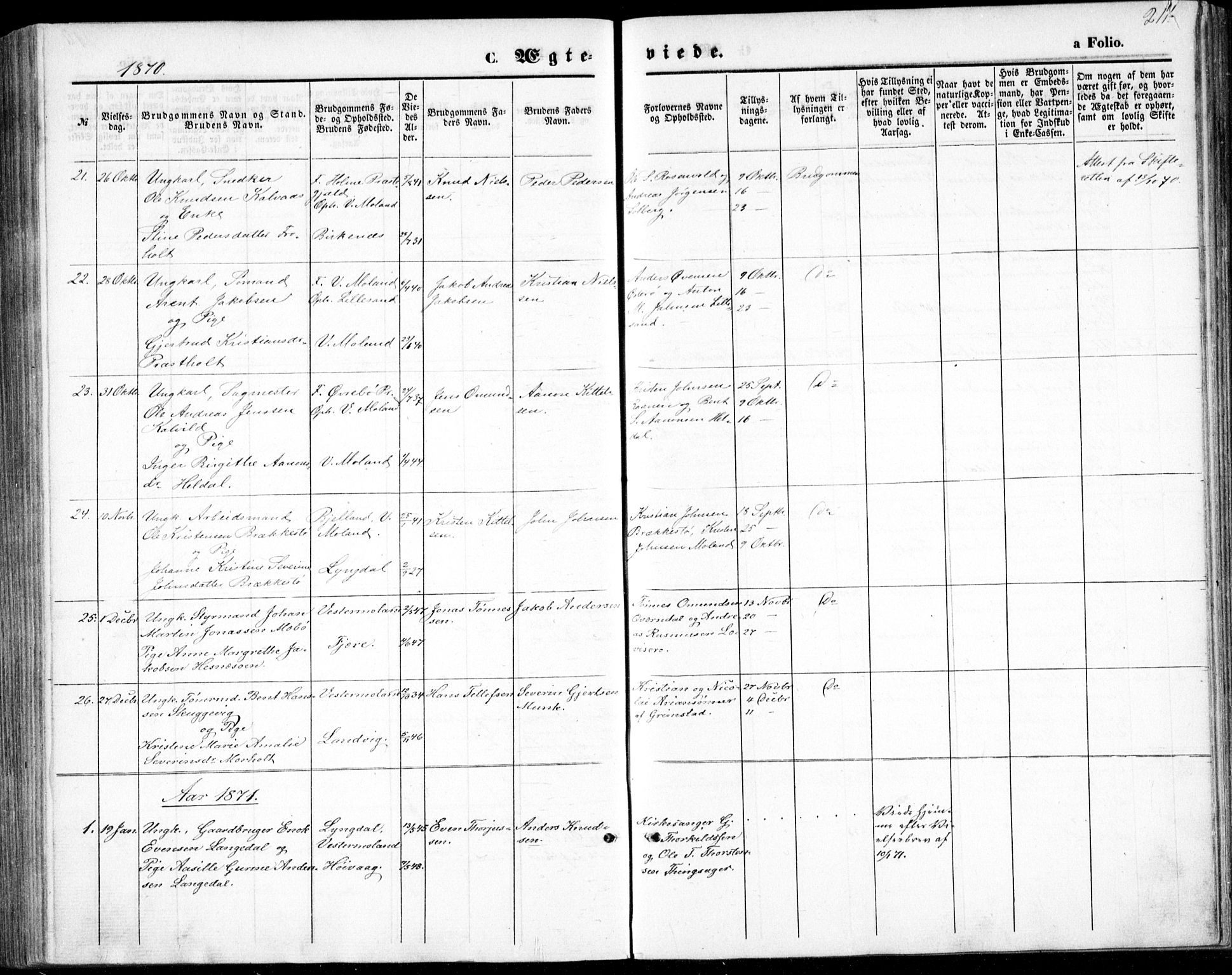 Vestre Moland sokneprestkontor, SAK/1111-0046/F/Fb/Fbb/L0004: Parish register (copy) no. B 4, 1861-1872, p. 211