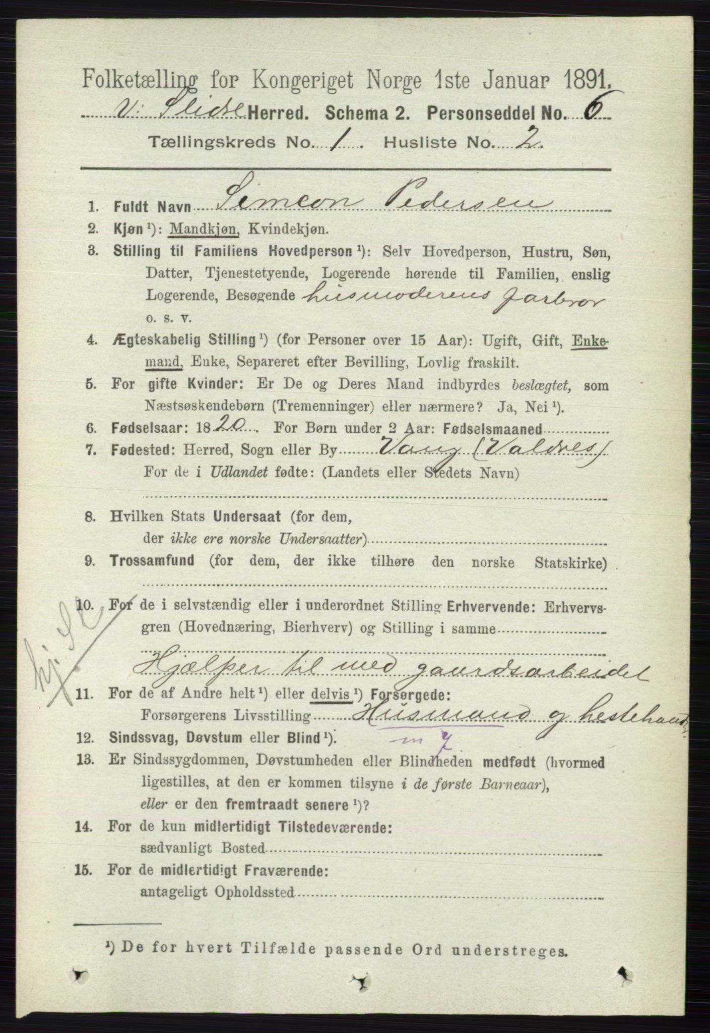 RA, 1891 census for 0543 Vestre Slidre, 1891, p. 107