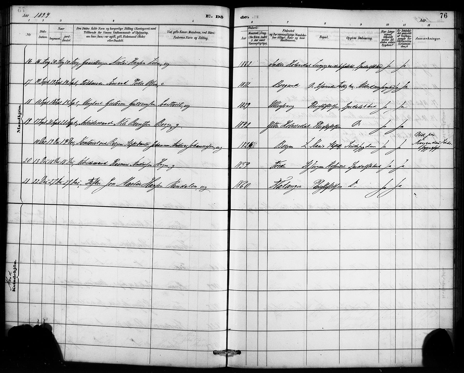 St. Jørgens hospital og Årstad sokneprestembete, AV/SAB-A-99934: Parish register (official) no. A 13, 1886-1906, p. 76