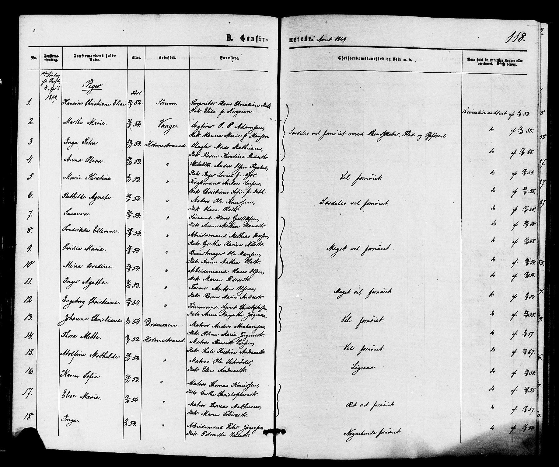 Holmestrand kirkebøker, SAKO/A-346/F/Fa/L0003: Parish register (official) no. 3, 1867-1879, p. 118