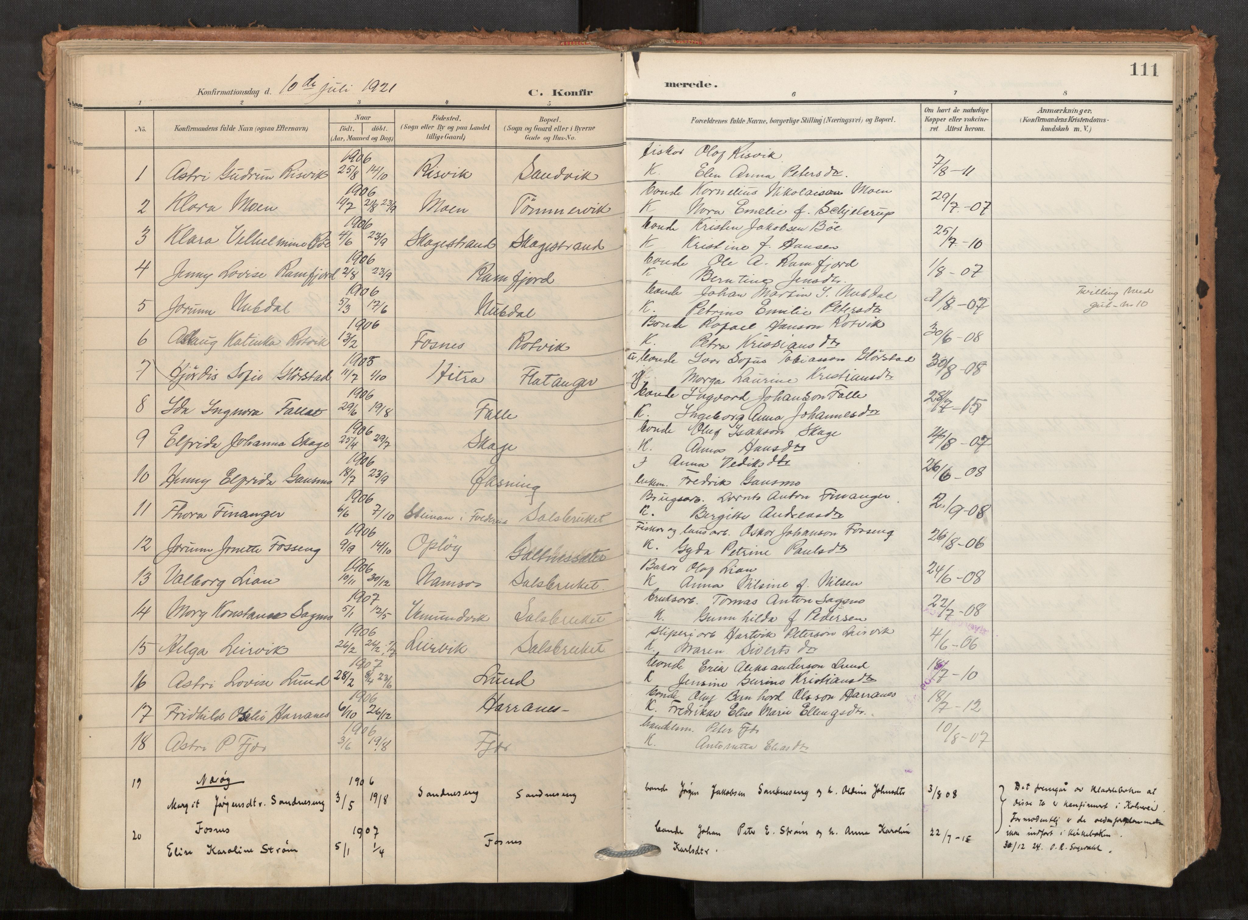 Kolvereid sokneprestkontor, SAT/A-1171/H/Ha/Haa/L0001: Parish register (official) no. 1, 1903-1922, p. 111