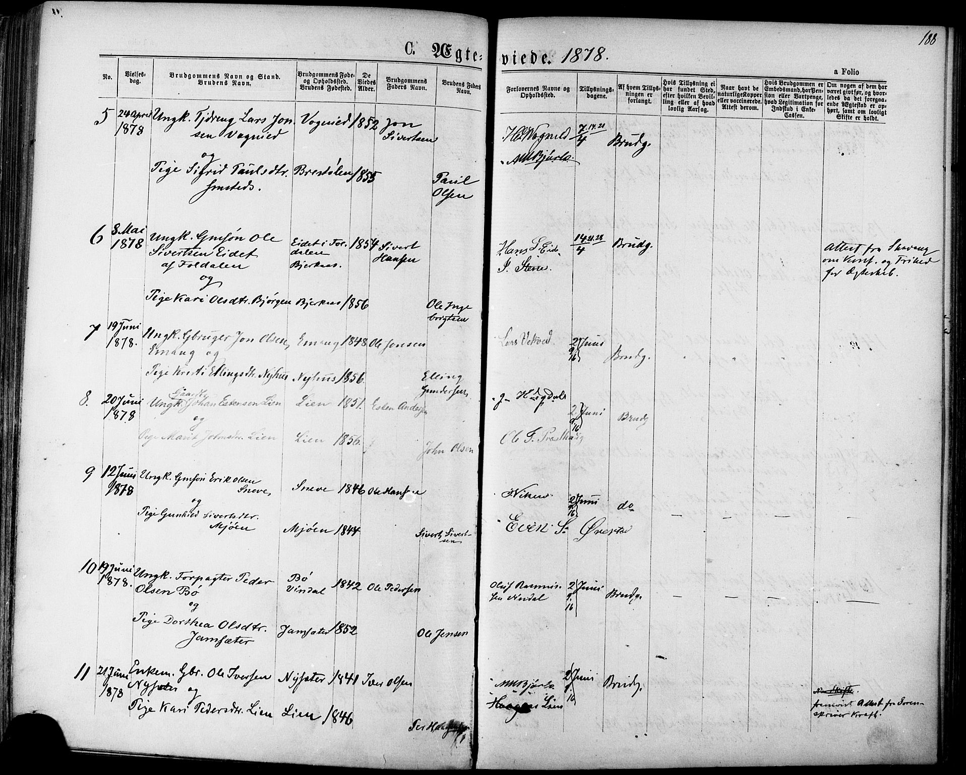 Ministerialprotokoller, klokkerbøker og fødselsregistre - Sør-Trøndelag, AV/SAT-A-1456/678/L0900: Parish register (official) no. 678A09, 1872-1881, p. 188