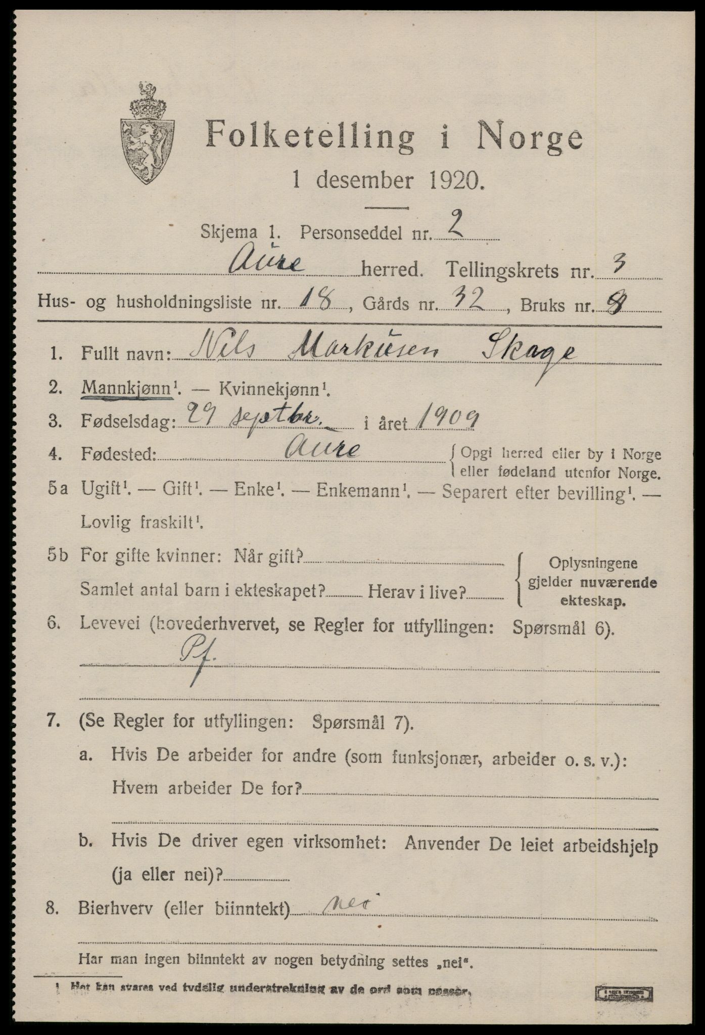 SAT, 1920 census for Aure, 1920, p. 1866