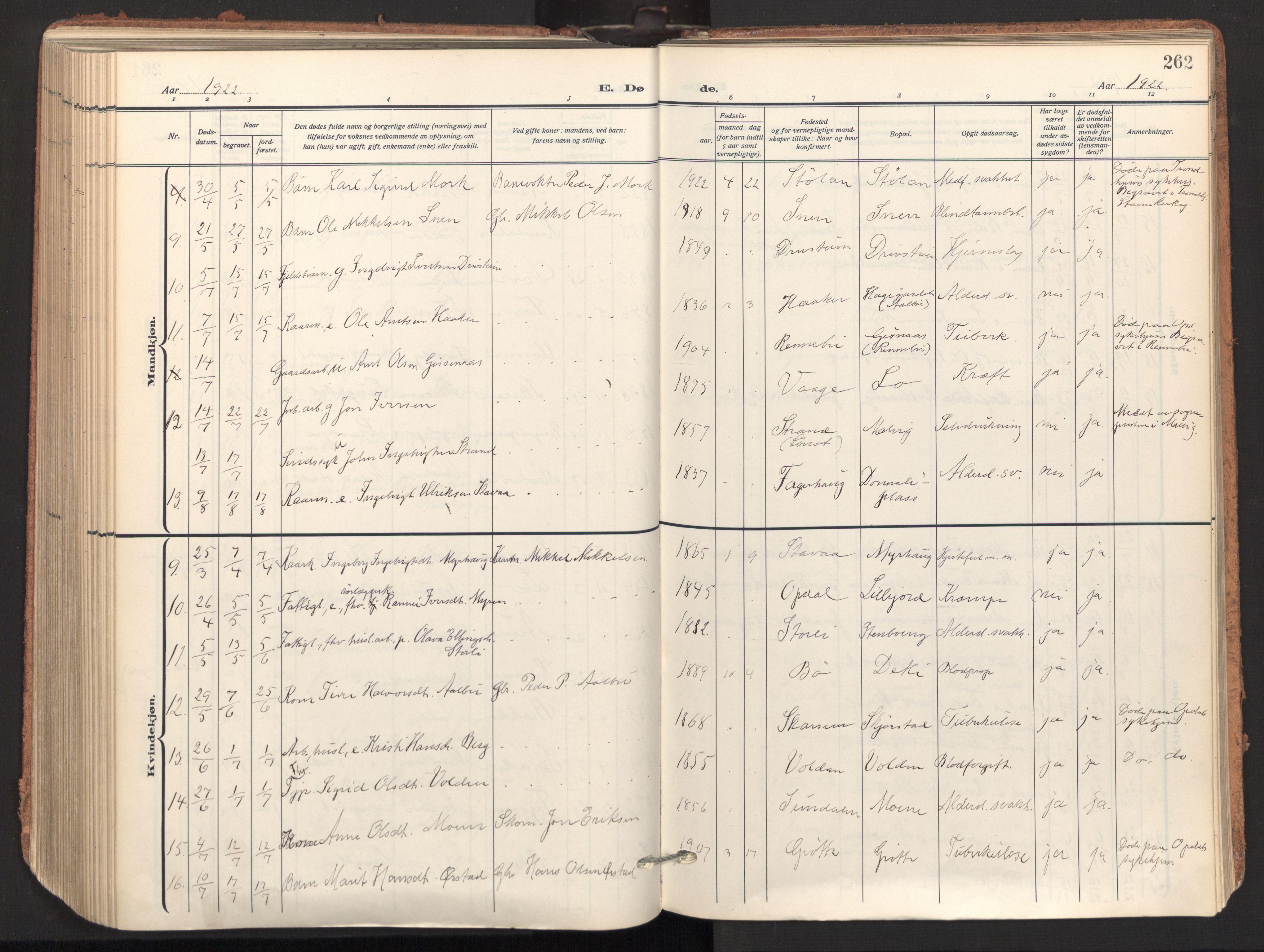 Ministerialprotokoller, klokkerbøker og fødselsregistre - Sør-Trøndelag, AV/SAT-A-1456/678/L0909: Parish register (official) no. 678A17, 1912-1930, p. 262