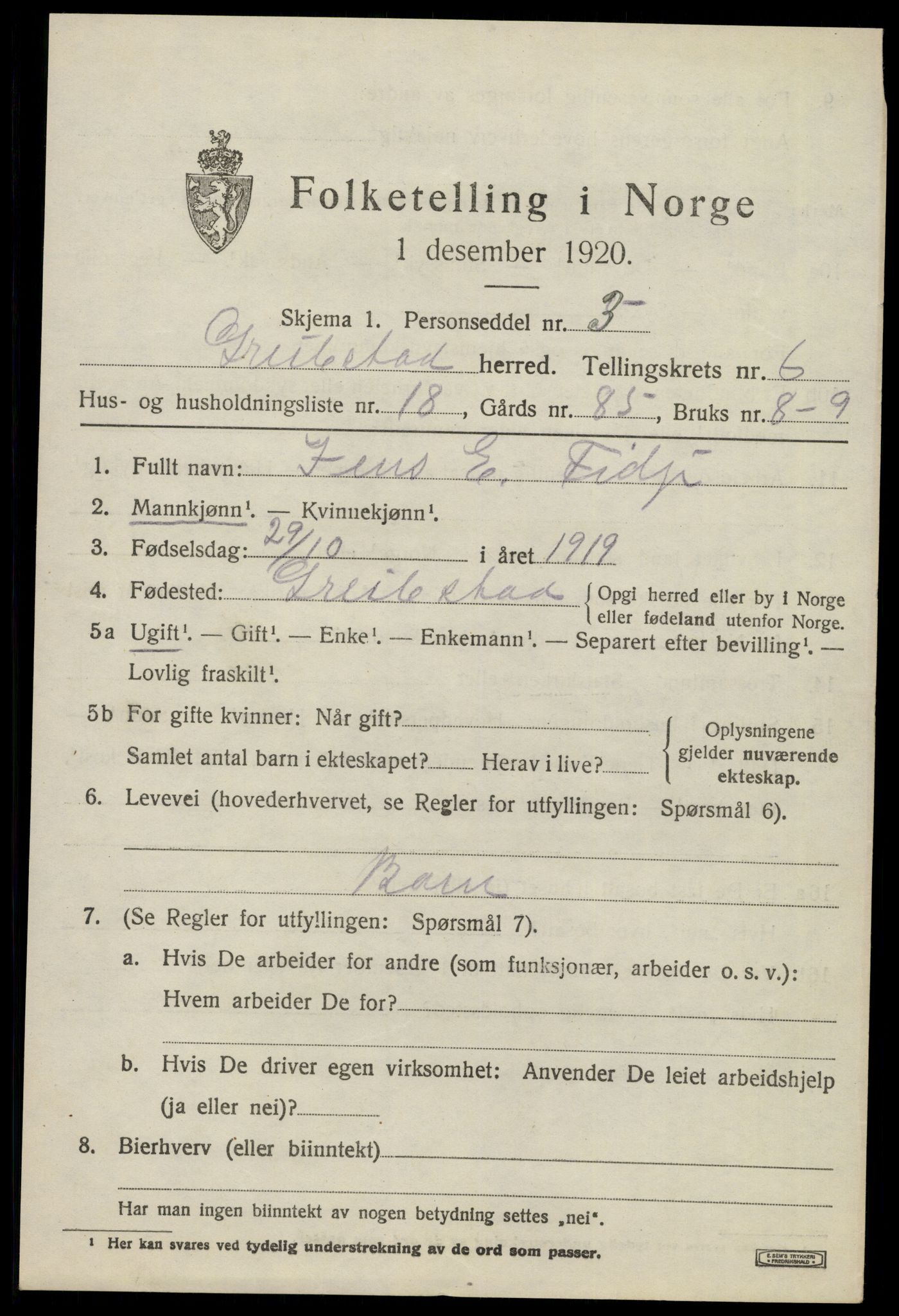 SAK, 1920 census for Greipstad, 1920, p. 2092