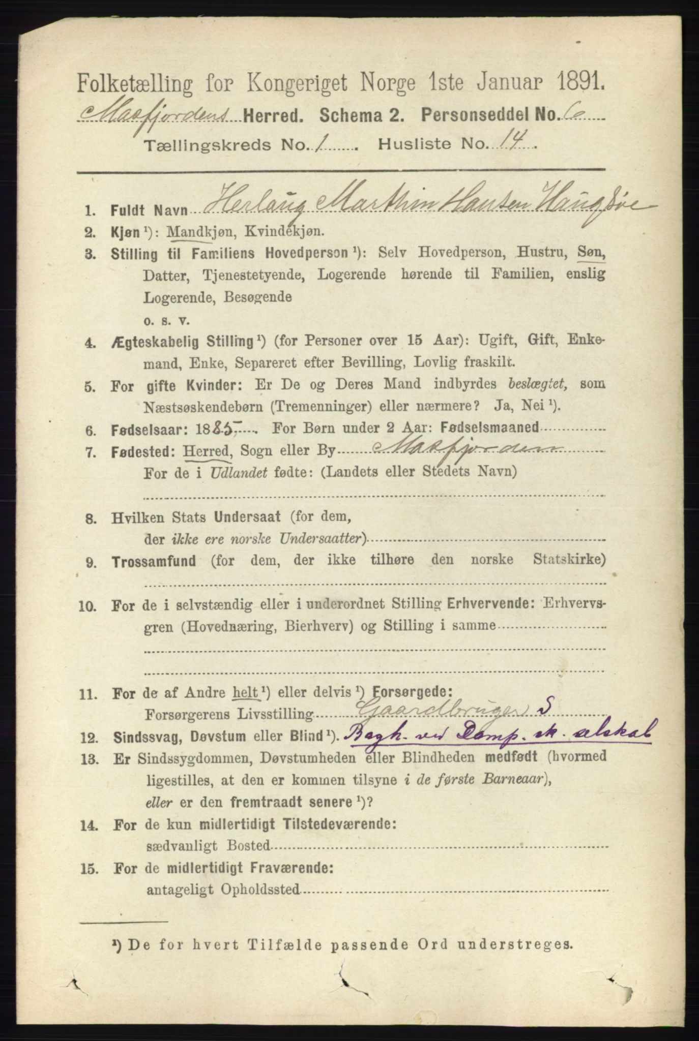 RA, 1891 census for 1266 Masfjorden, 1891, p. 138