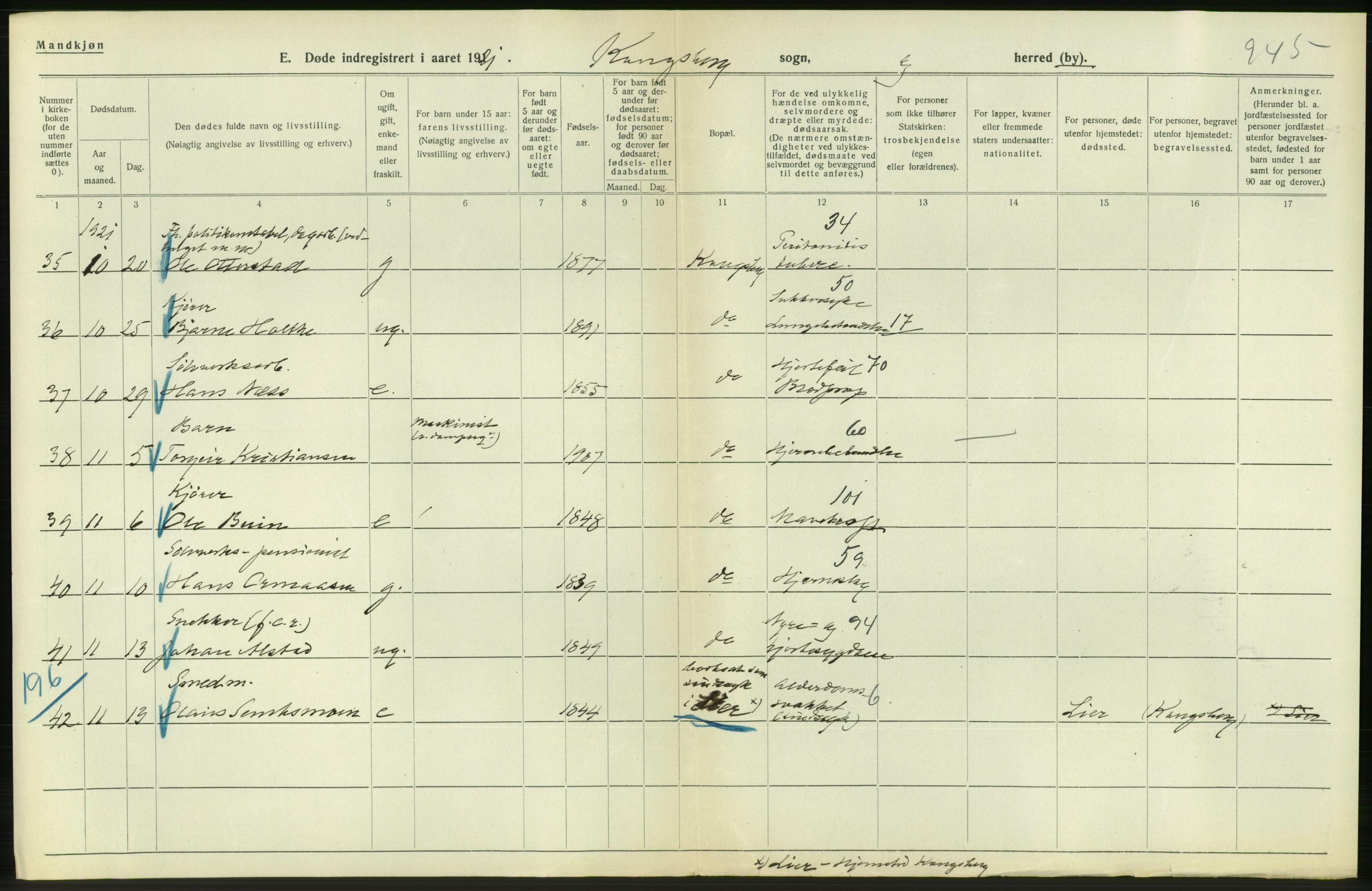 Statistisk sentralbyrå, Sosiodemografiske emner, Befolkning, AV/RA-S-2228/D/Df/Dfc/Dfca/L0020: Buskerud fylke: Døde. Byer og bygder., 1921, p. 414