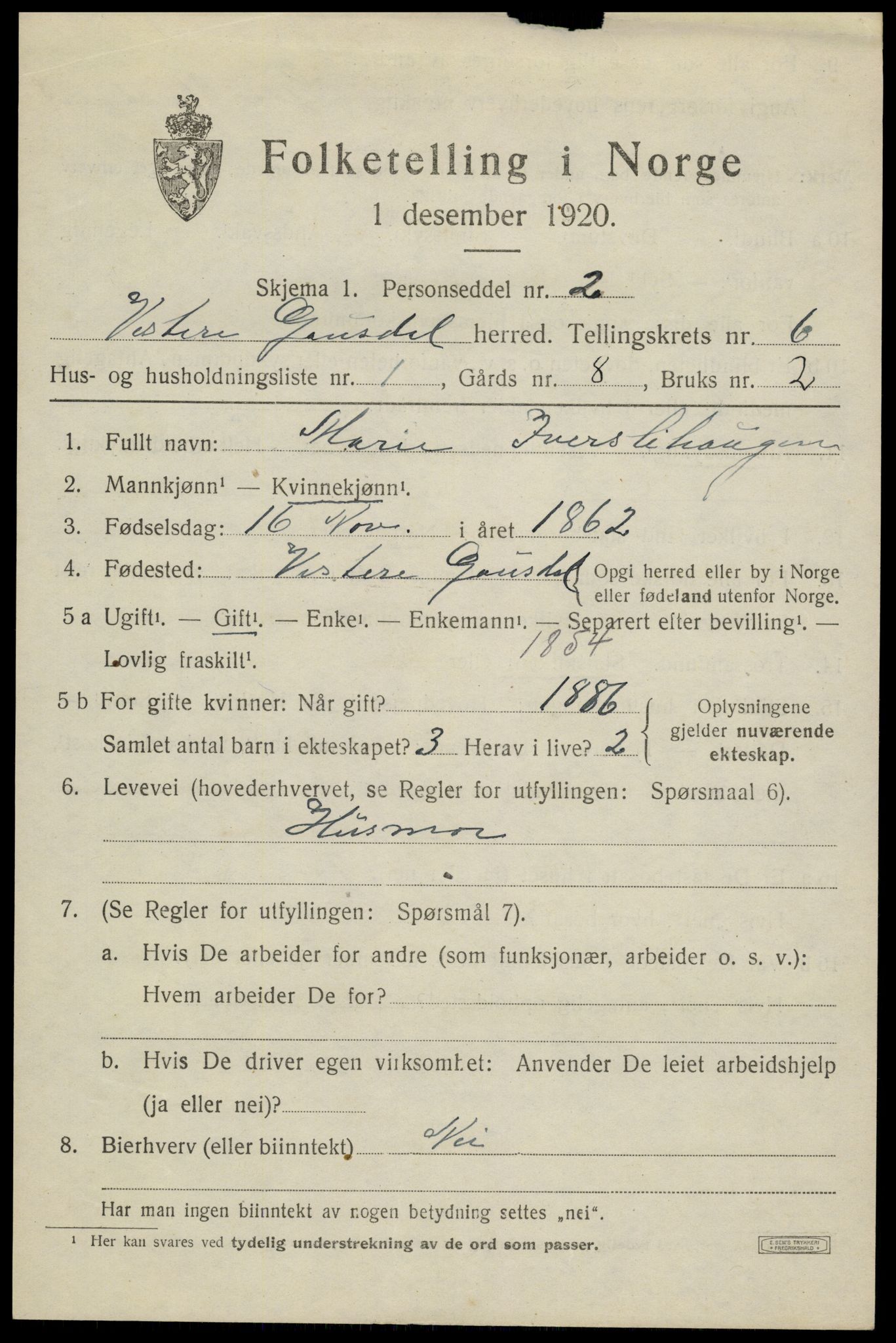 SAH, 1920 census for Vestre Gausdal, 1920, p. 4391