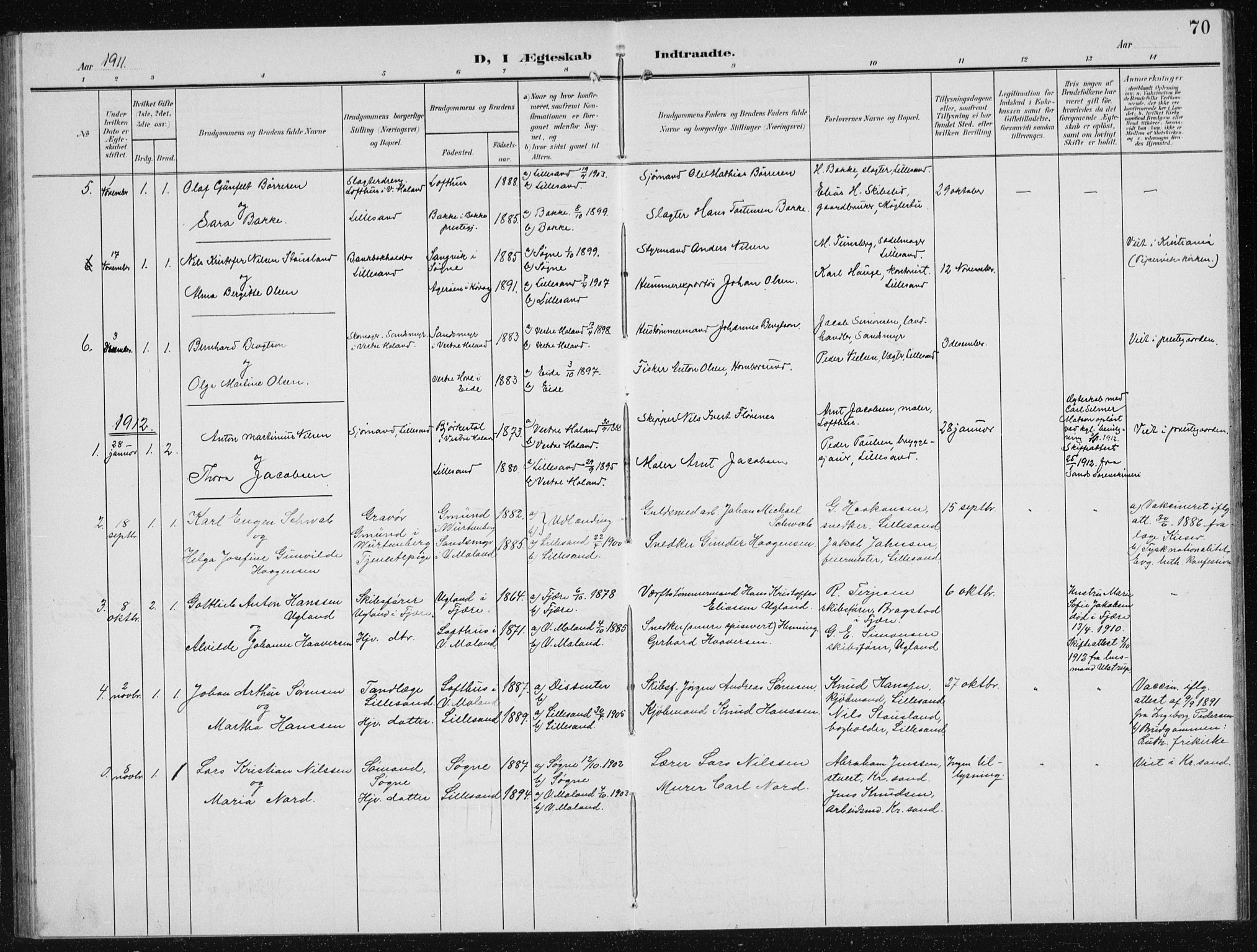 Vestre Moland sokneprestkontor, AV/SAK-1111-0046/F/Fb/Fba/L0002: Parish register (copy) no. B 2, 1904-1934, p. 70