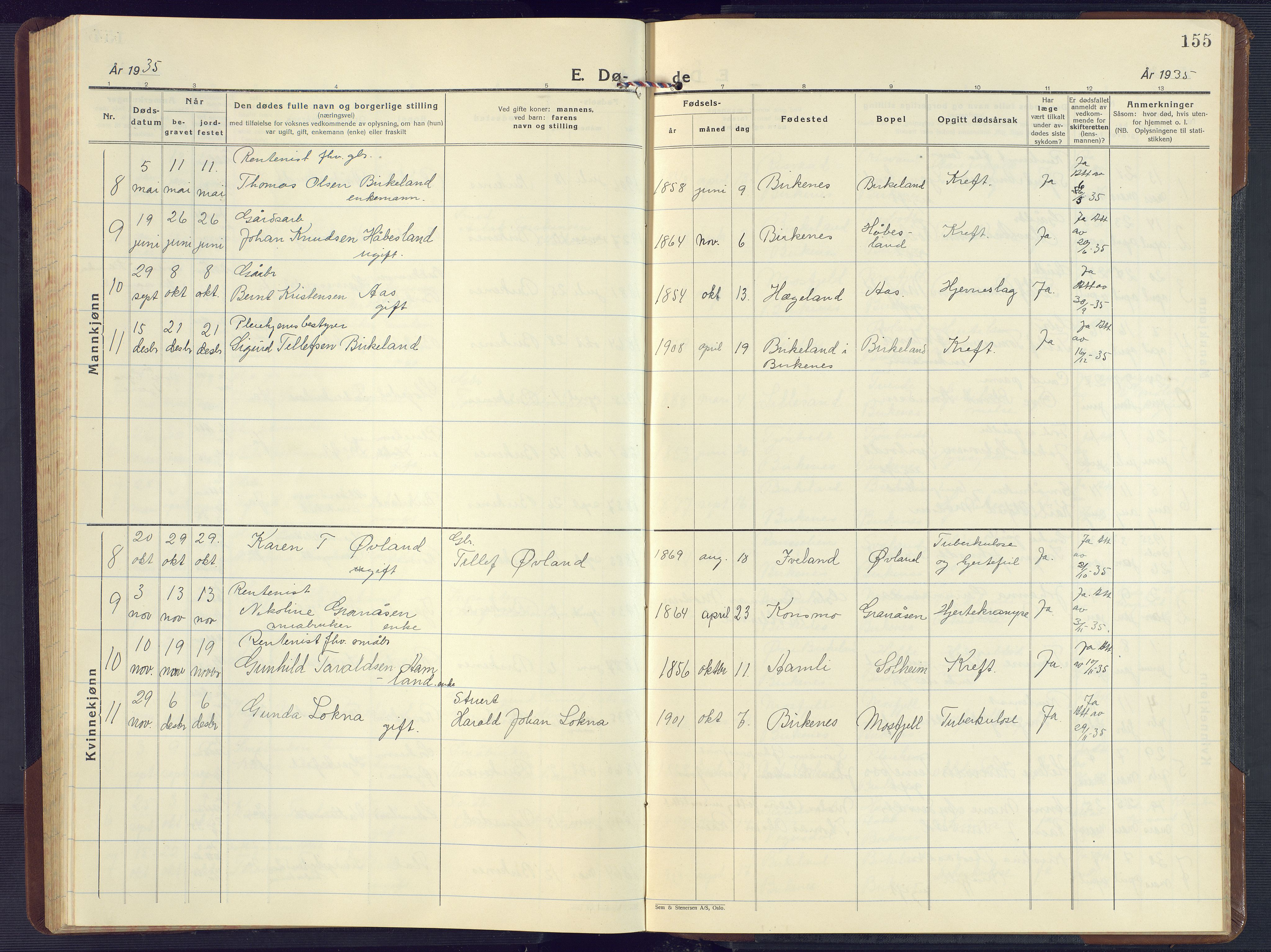Birkenes sokneprestkontor, SAK/1111-0004/F/Fb/L0005: Parish register (copy) no. B 5, 1930-1957, p. 155
