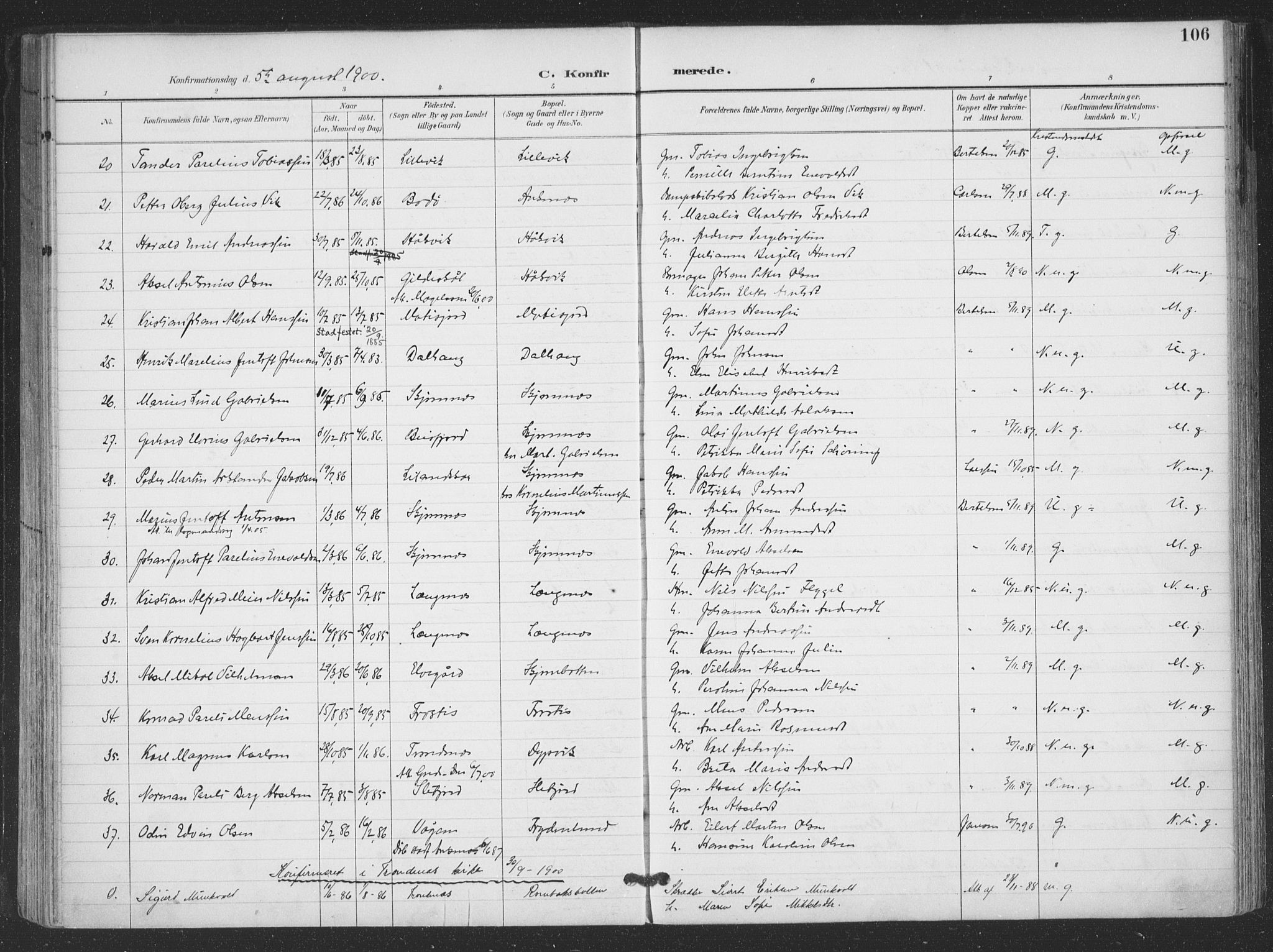 Ministerialprotokoller, klokkerbøker og fødselsregistre - Nordland, AV/SAT-A-1459/866/L0939: Parish register (official) no. 866A02, 1894-1906, p. 106