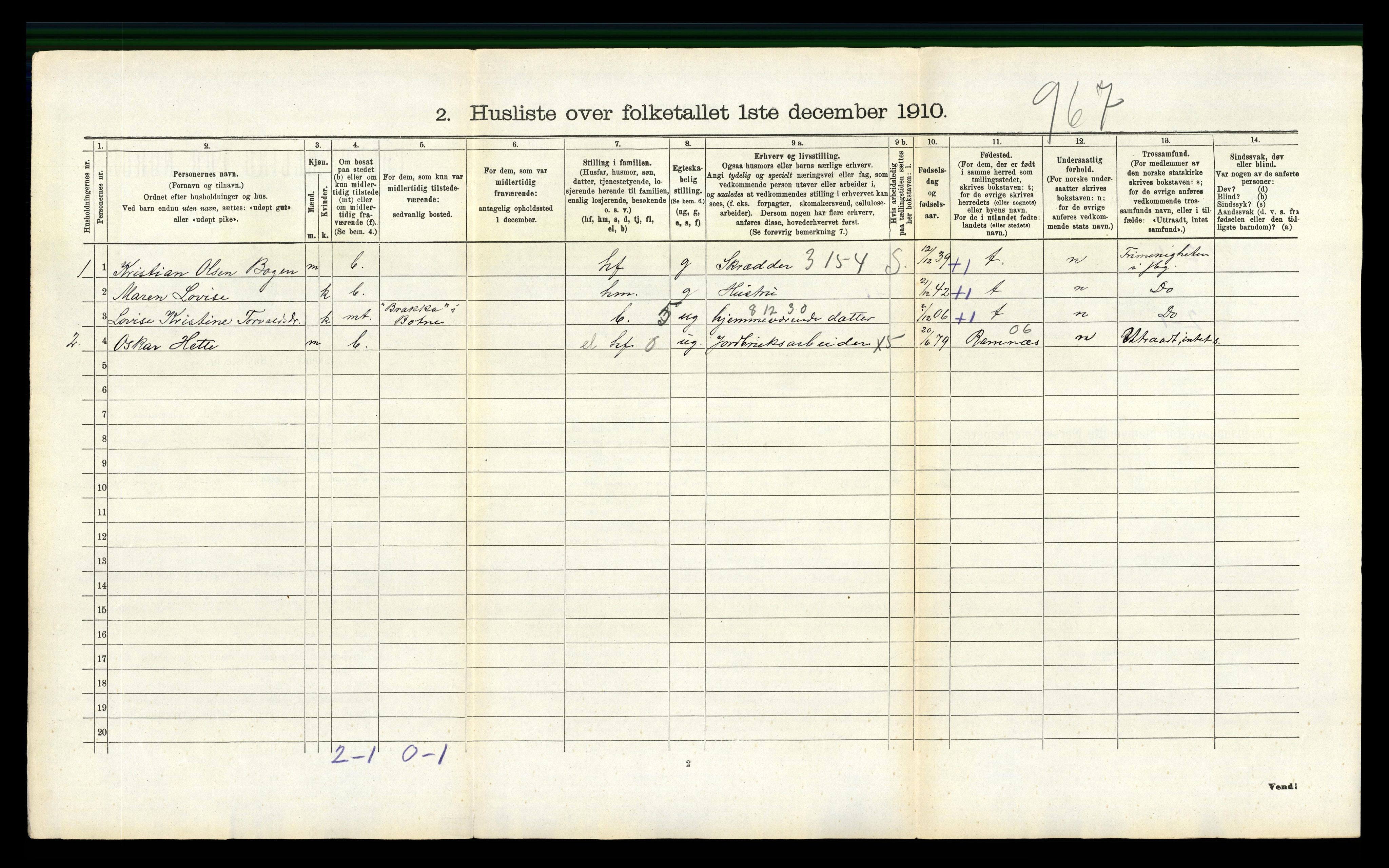 RA, 1910 census for Botne, 1910, p. 313