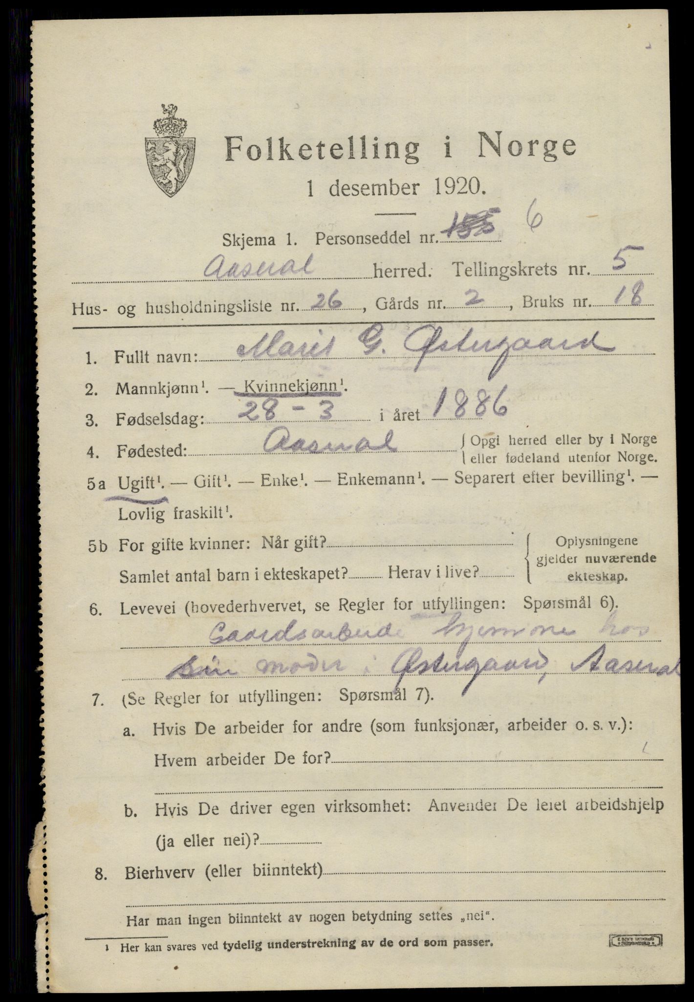 SAK, 1920 census for Åseral, 1920, p. 1772