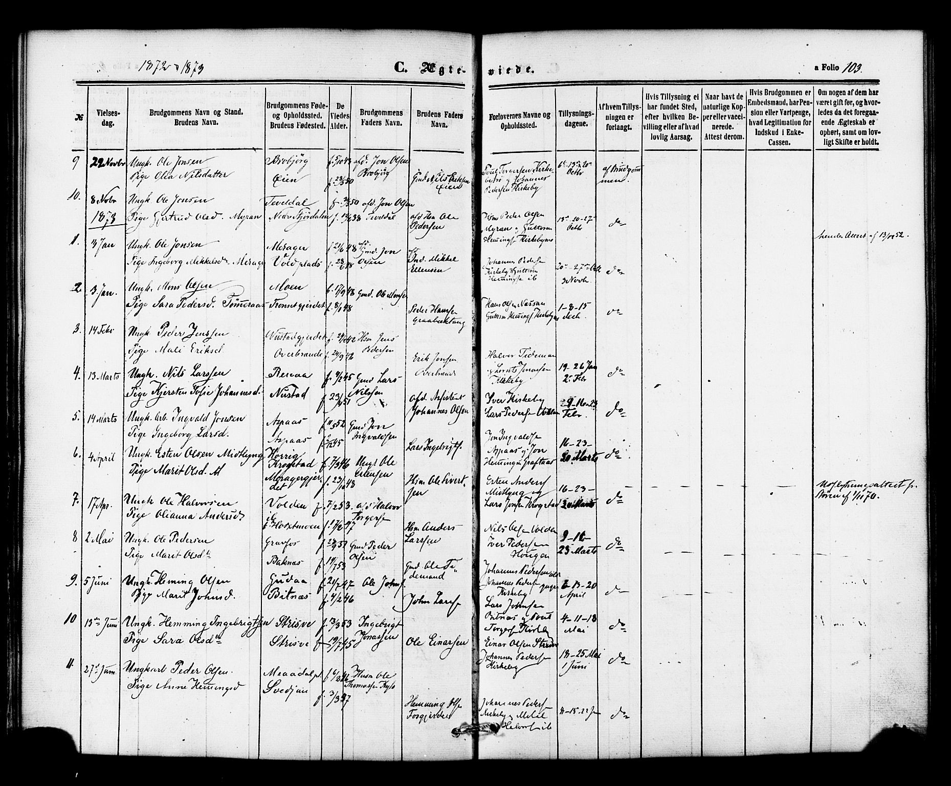 Ministerialprotokoller, klokkerbøker og fødselsregistre - Nord-Trøndelag, SAT/A-1458/706/L0041: Parish register (official) no. 706A02, 1862-1877, p. 103