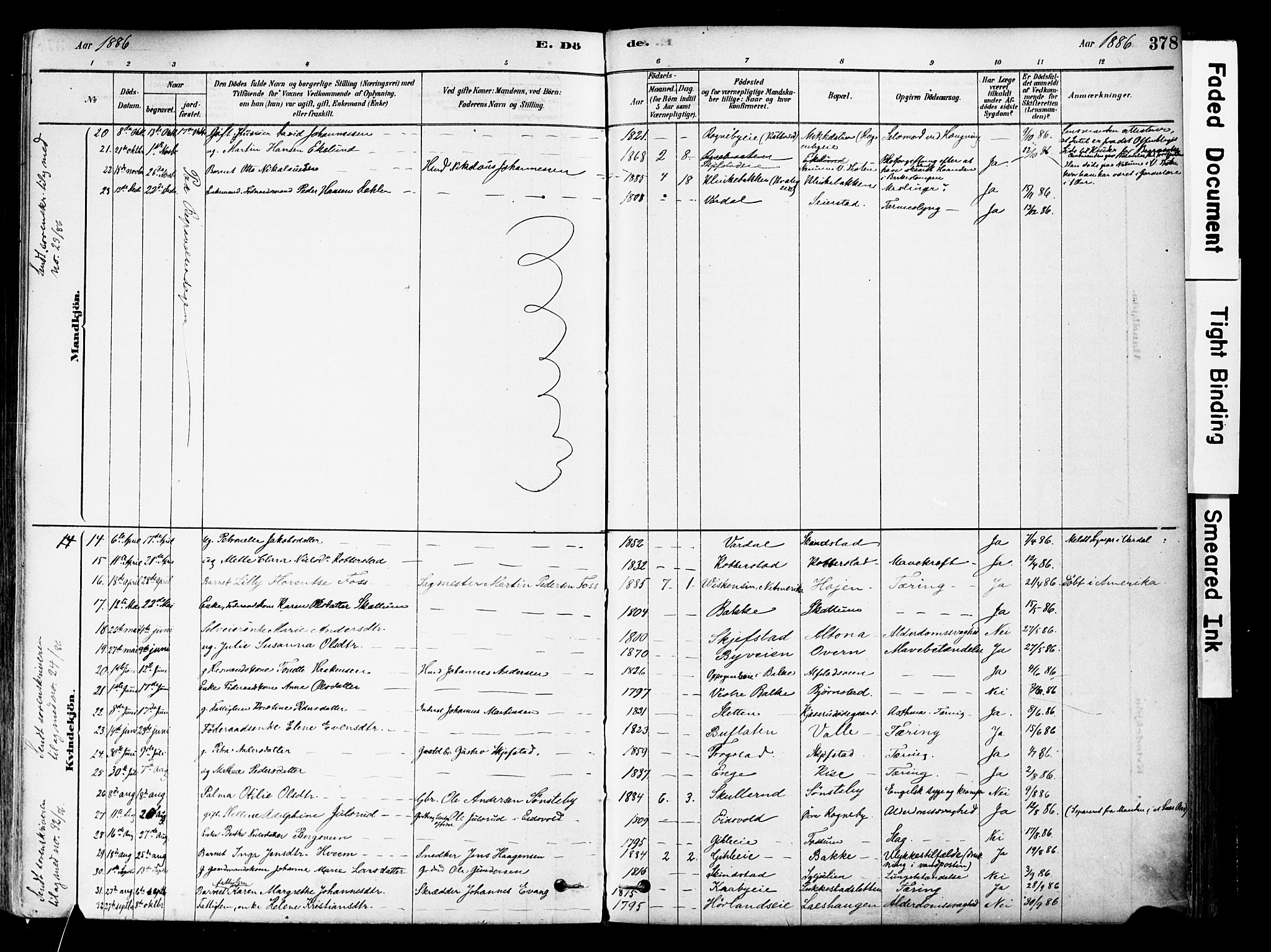 Østre Toten prestekontor, SAH/PREST-104/H/Ha/Haa/L0006: Parish register (official) no. 6 /1, 1878-1896, p. 378