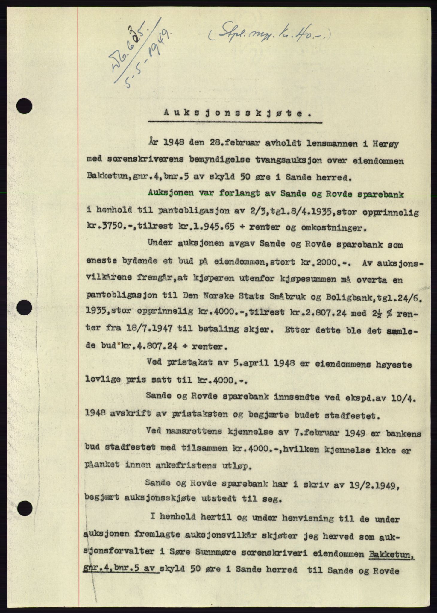 Søre Sunnmøre sorenskriveri, AV/SAT-A-4122/1/2/2C/L0084: Mortgage book no. 10A, 1949-1949, Diary no: : 635/1949