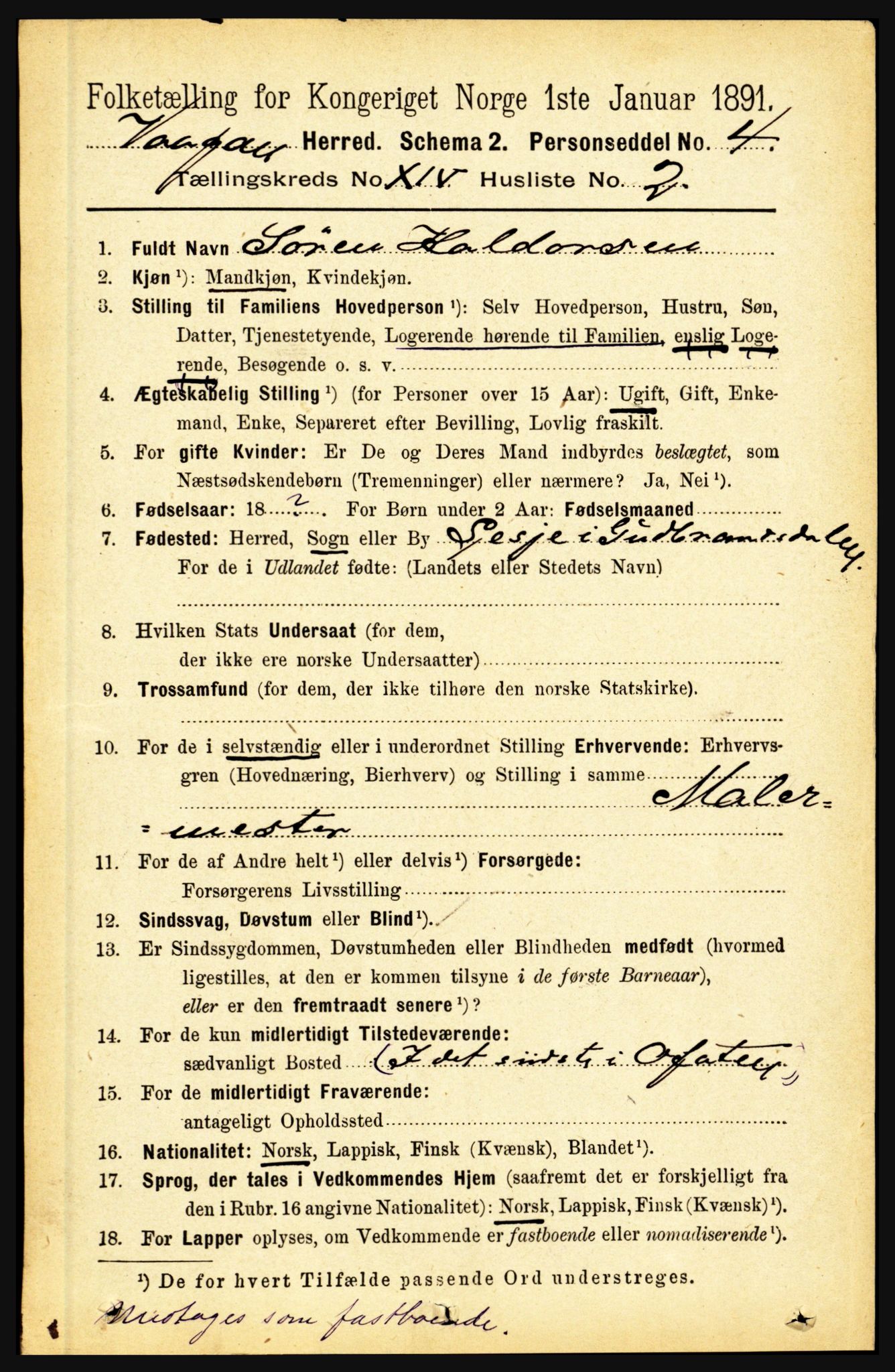 RA, 1891 census for 1865 Vågan, 1891, p. 3665