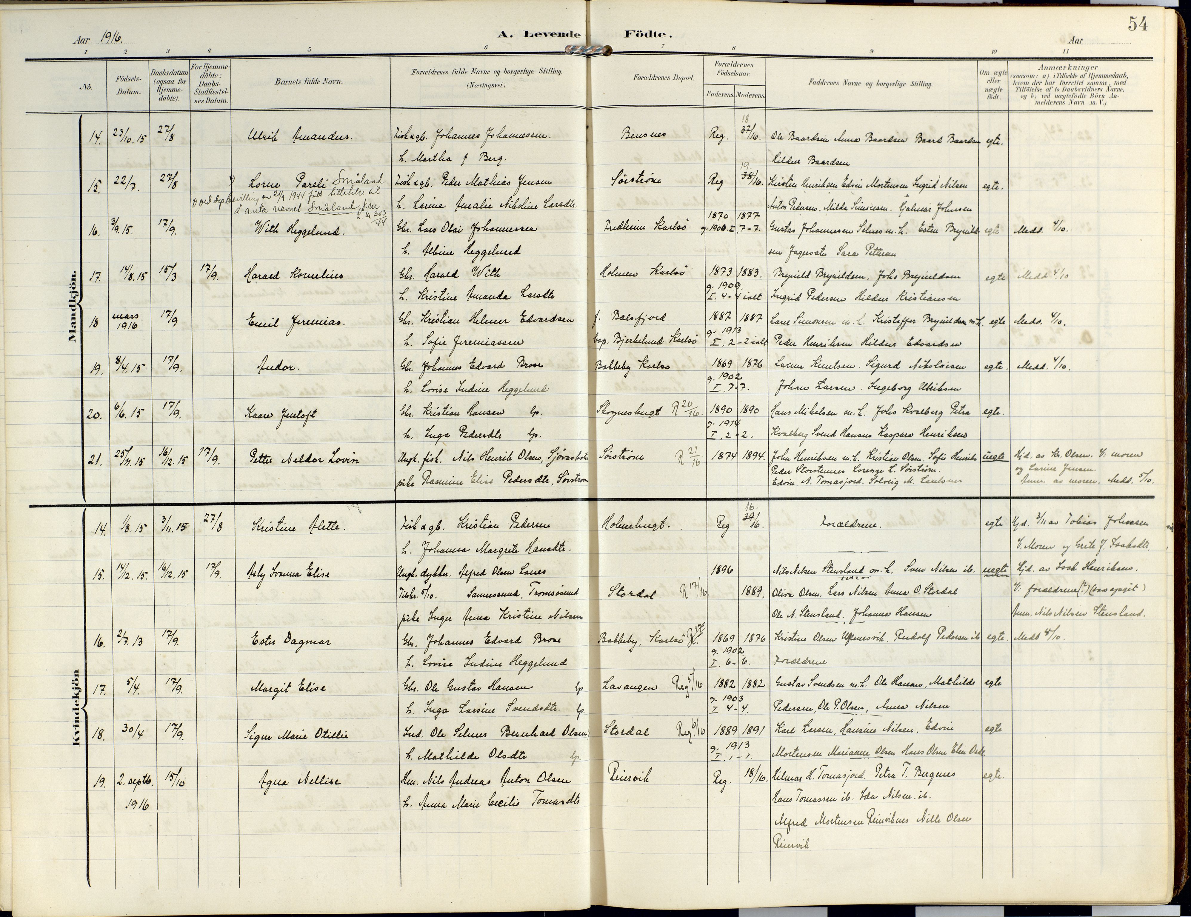 Lyngen sokneprestembete, SATØ/S-1289/H/He/Hea/L0014kirke: Parish register (official) no. 14, 1905-1920, p. 54