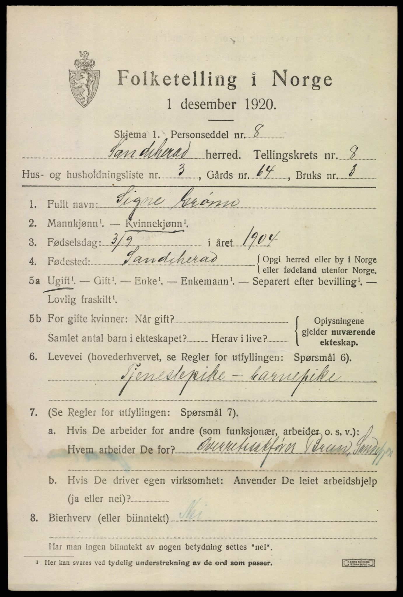 SAKO, 1920 census for Sandeherred, 1920, p. 12750