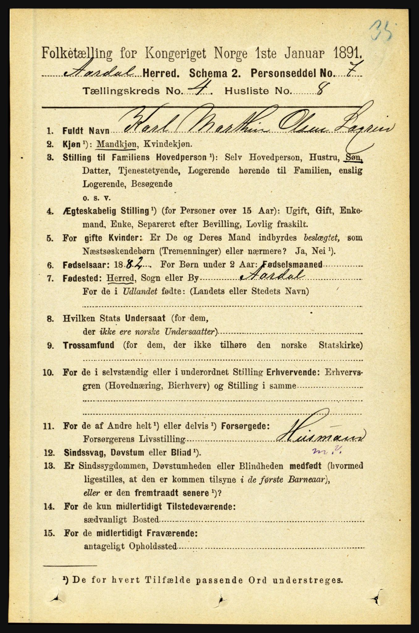 RA, 1891 census for 1424 Årdal, 1891, p. 688