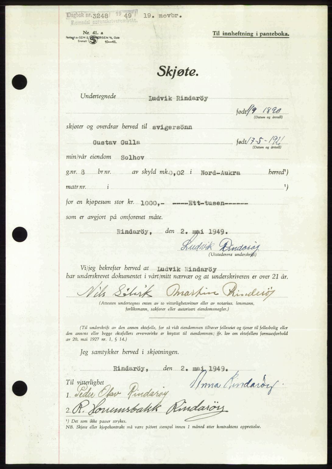 Romsdal sorenskriveri, AV/SAT-A-4149/1/2/2C: Mortgage book no. A31, 1949-1949, Diary no: : 3248/1949