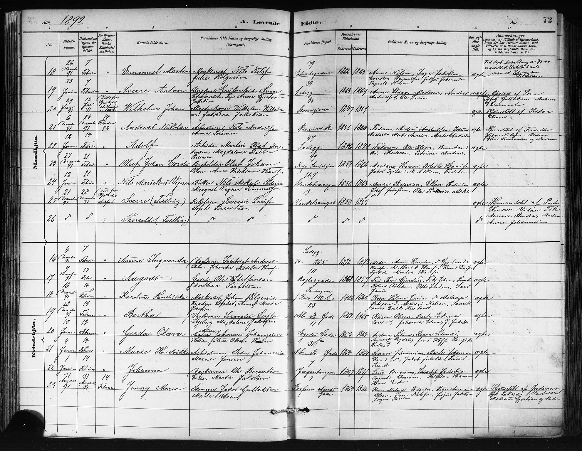Sandviken Sokneprestembete, AV/SAB-A-77601/H/Hb/L0002: Parish register (copy) no. A 3, 1888-1902, p. 72