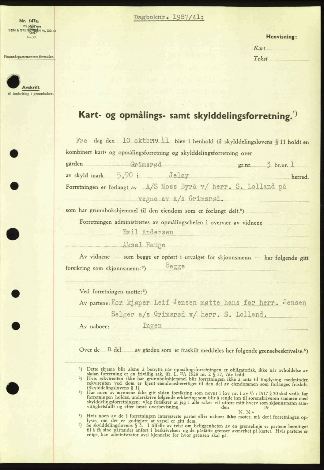 Moss sorenskriveri, SAO/A-10168: Mortgage book no. A9, 1941-1942, Diary no: : 1987/1941