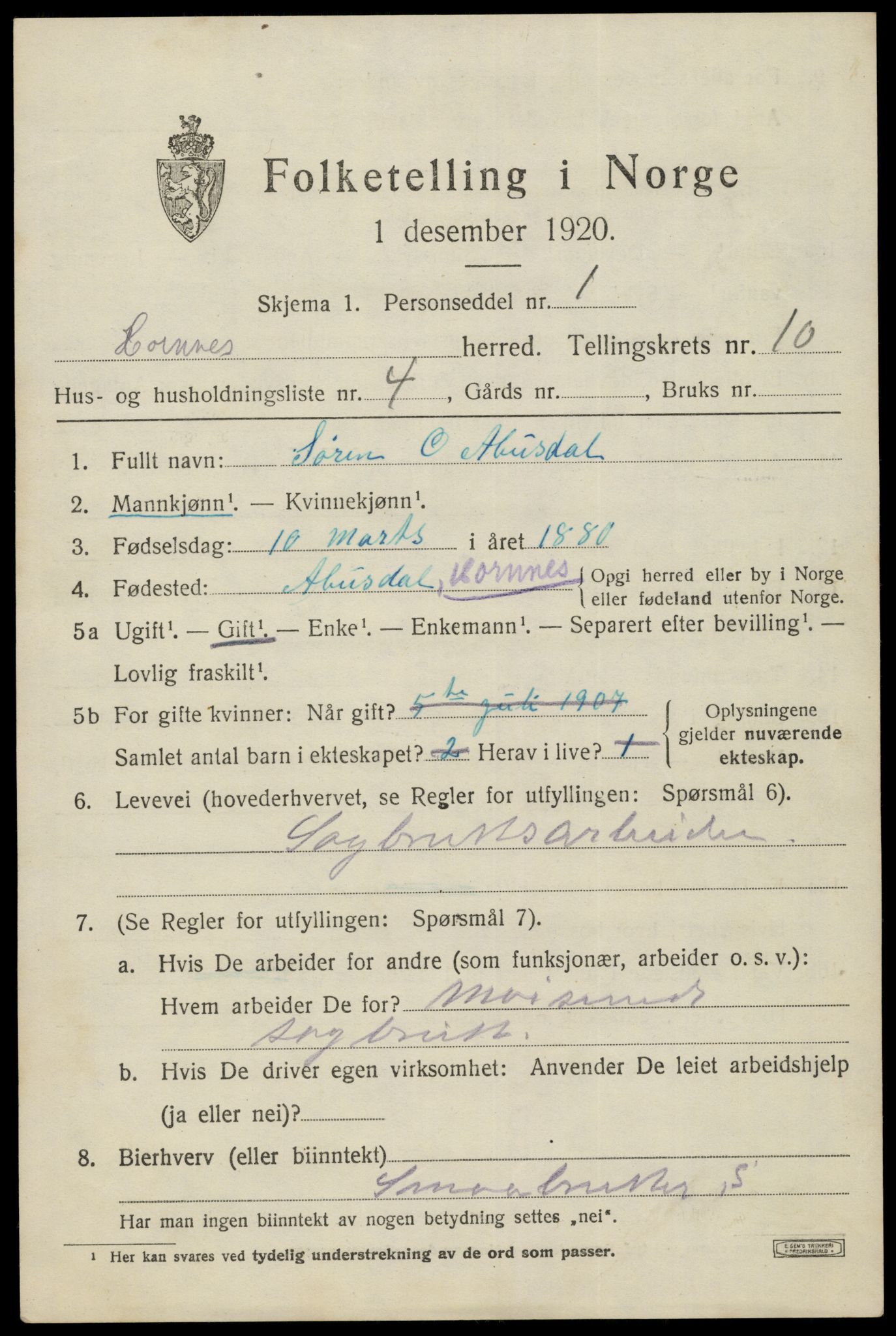 SAK, 1920 census for Hornnes, 1920, p. 2533