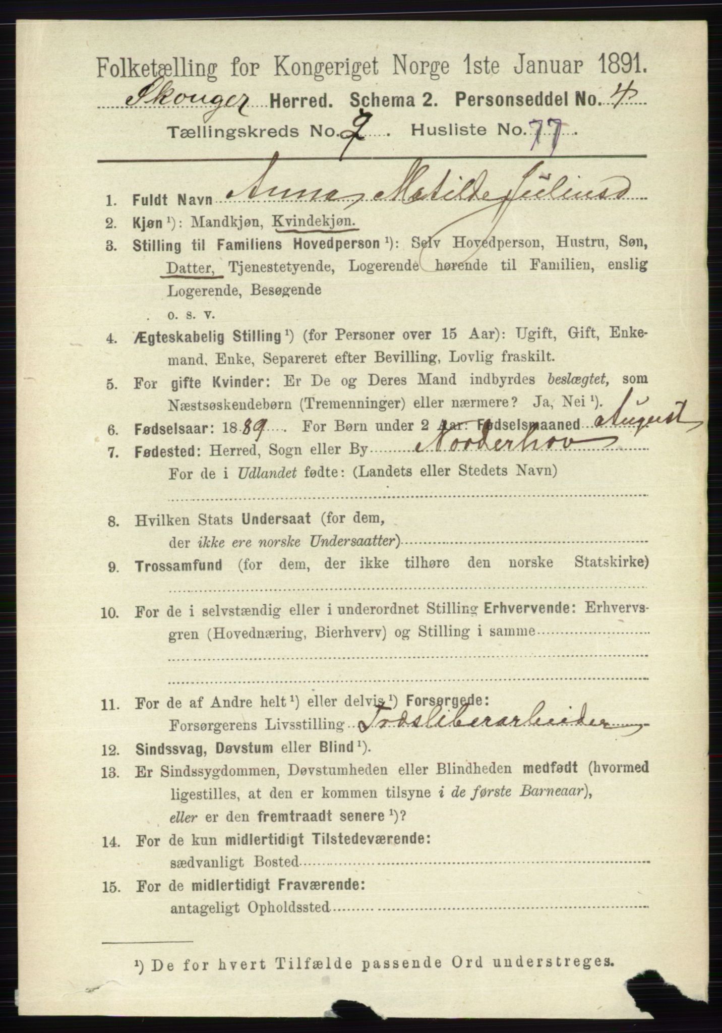 RA, 1891 census for 0712 Skoger, 1891, p. 1490