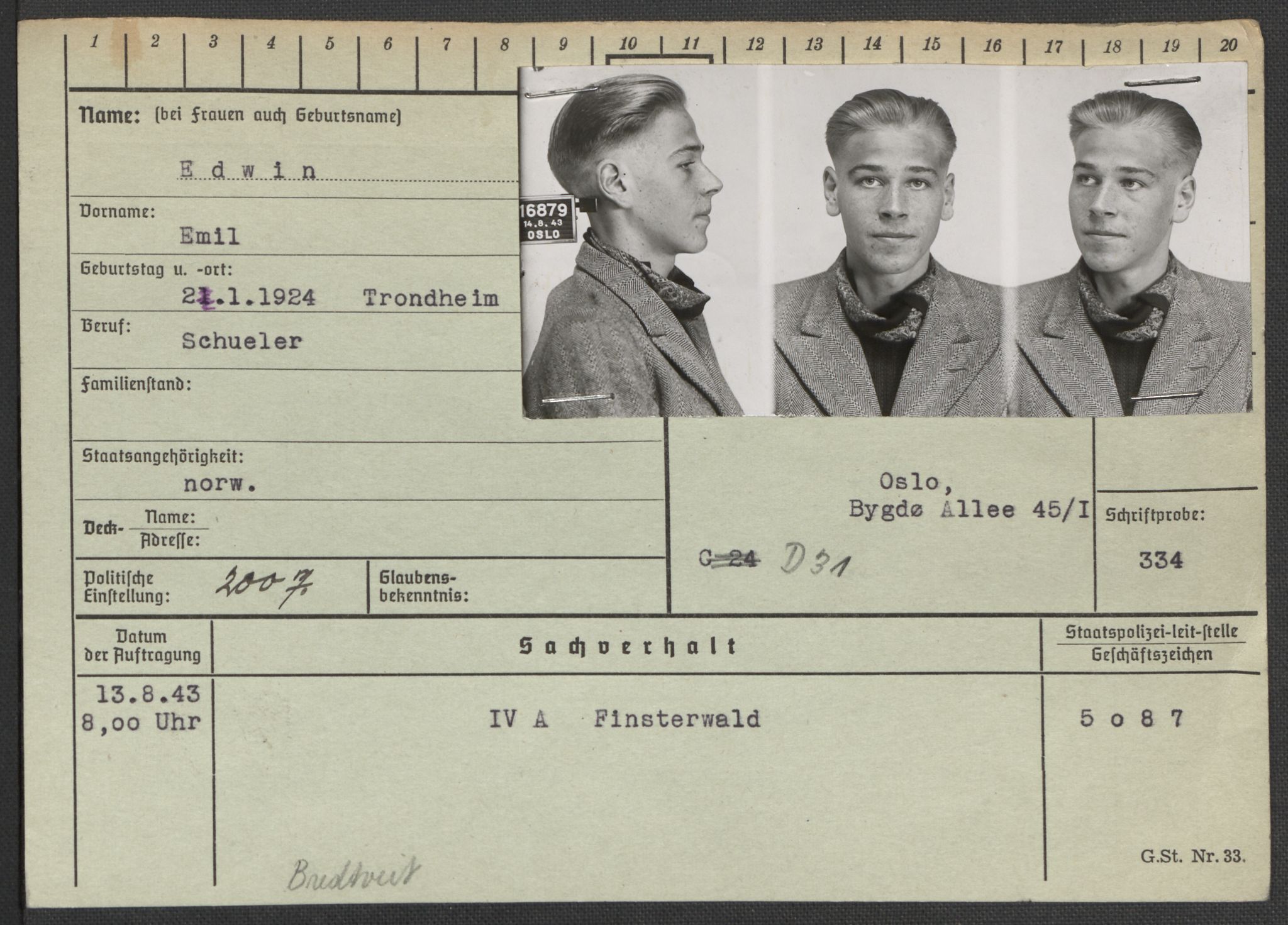 Befehlshaber der Sicherheitspolizei und des SD, RA/RAFA-5969/E/Ea/Eaa/L0002: Register over norske fanger i Møllergata 19: Bj-Eng, 1940-1945, p. 1189