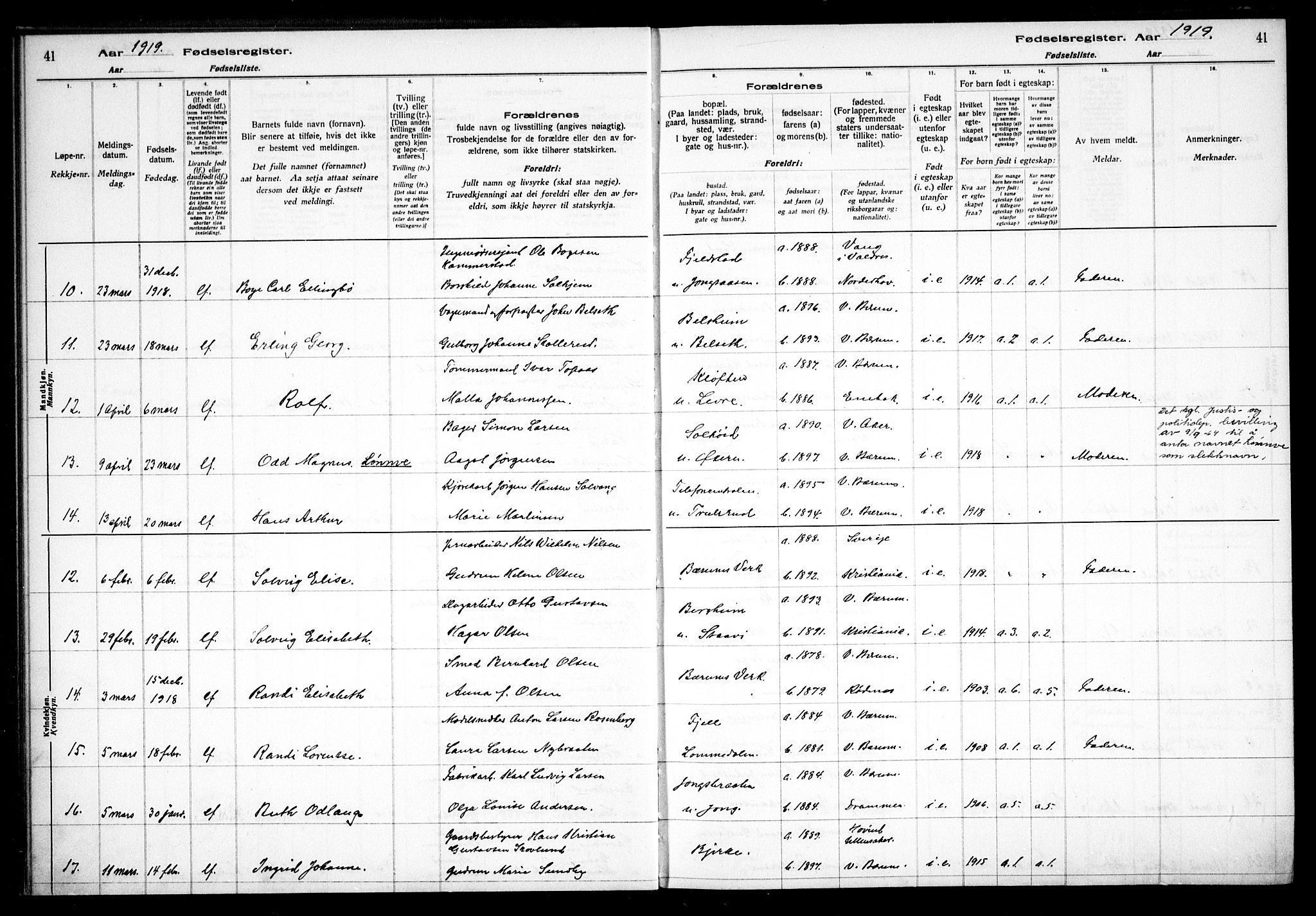 Vestre Bærum prestekontor Kirkebøker, AV/SAO-A-10209a/J/L0001: Birth register no. 1, 1916-1926, p. 41