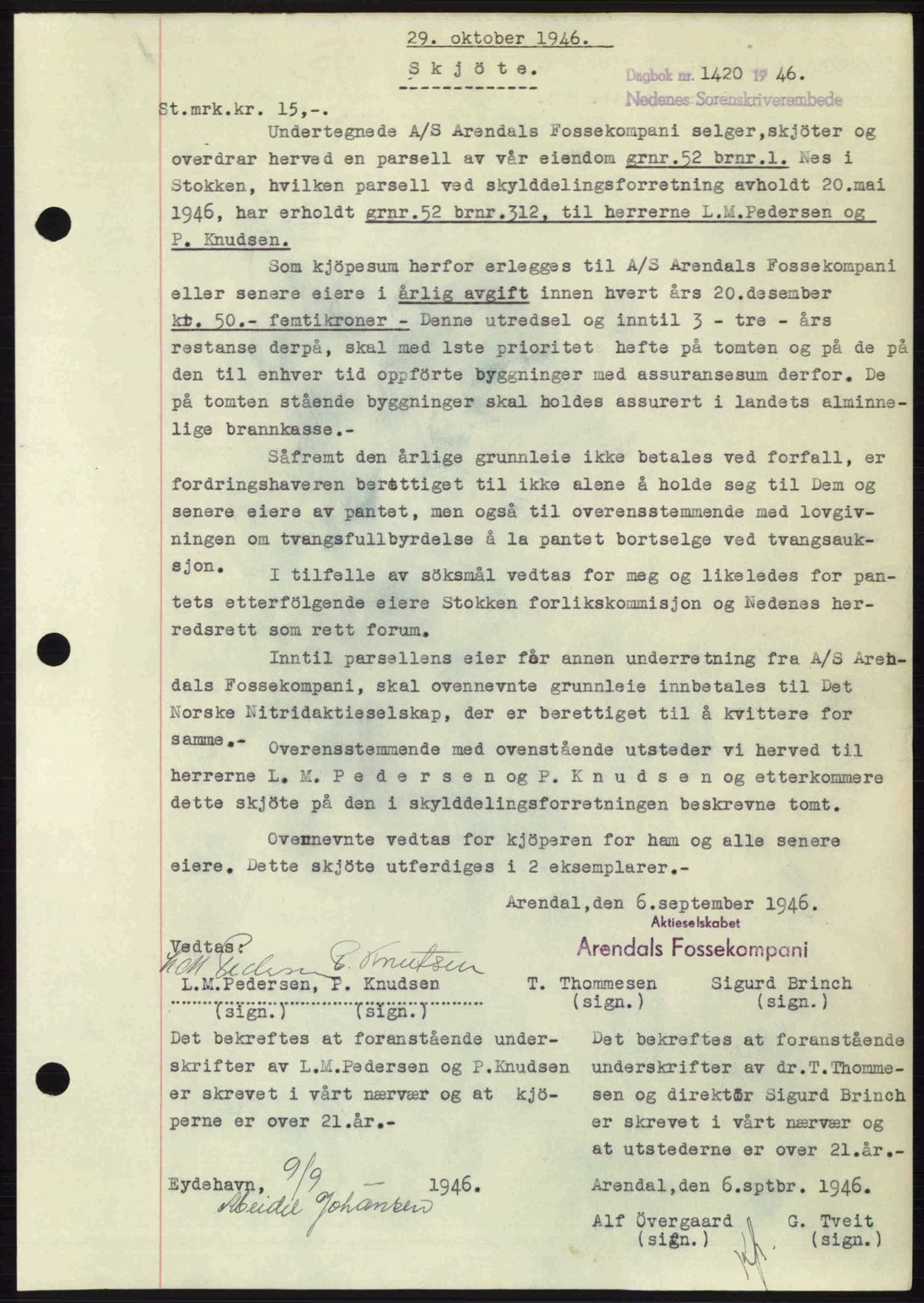 Nedenes sorenskriveri, AV/SAK-1221-0006/G/Gb/Gba/L0056: Mortgage book no. A8, 1946-1947, Diary no: : 1420/1946