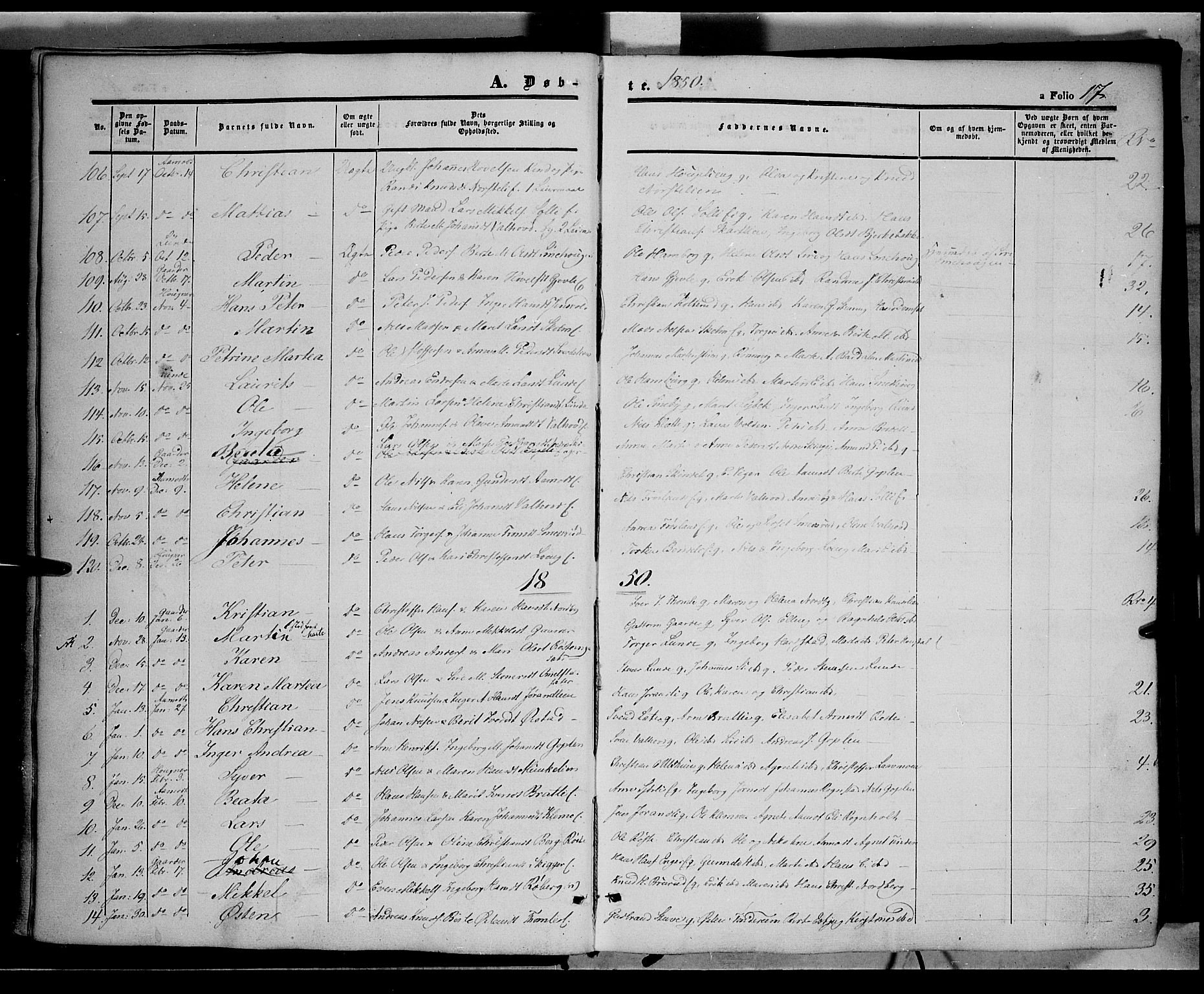 Land prestekontor, SAH/PREST-120/H/Ha/Haa/L0010: Parish register (official) no. 10, 1847-1859, p. 17