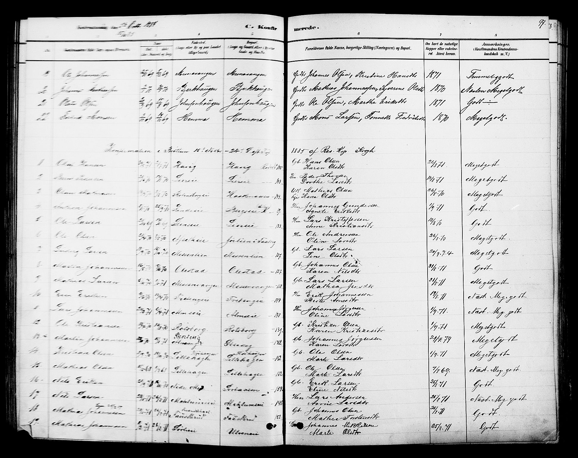 Ringsaker prestekontor, SAH/PREST-014/K/Ka/L0013: Parish register (official) no. 13, 1879-1890, p. 97